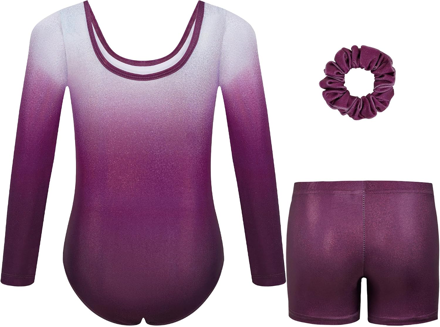 Detalle de Gogokids Girls Three-Piece Gymnastics Leotards Set (Long Sleeve, Shorts & Hairband) with Gradient Sequin Design