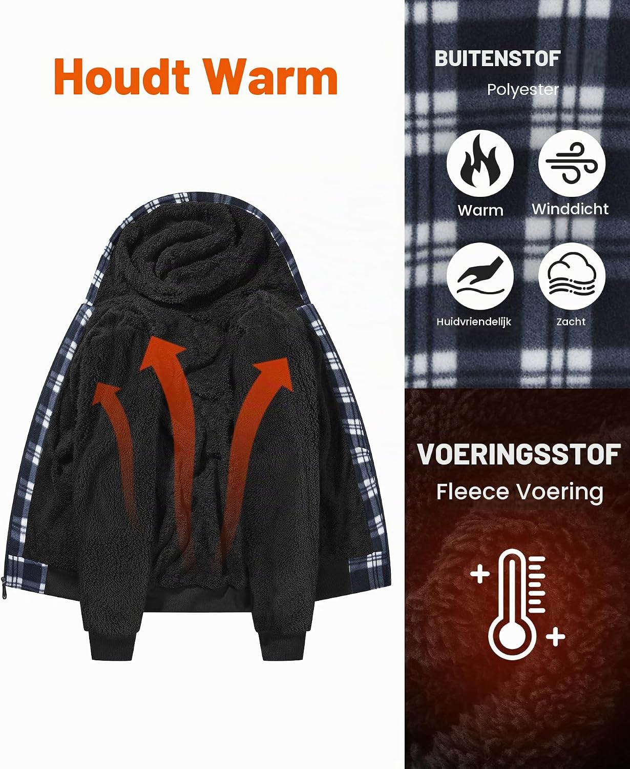 Detalle 2 de geeksport fleecejack voor heren met capuchon, ruitdessin en volledige ritssluiting