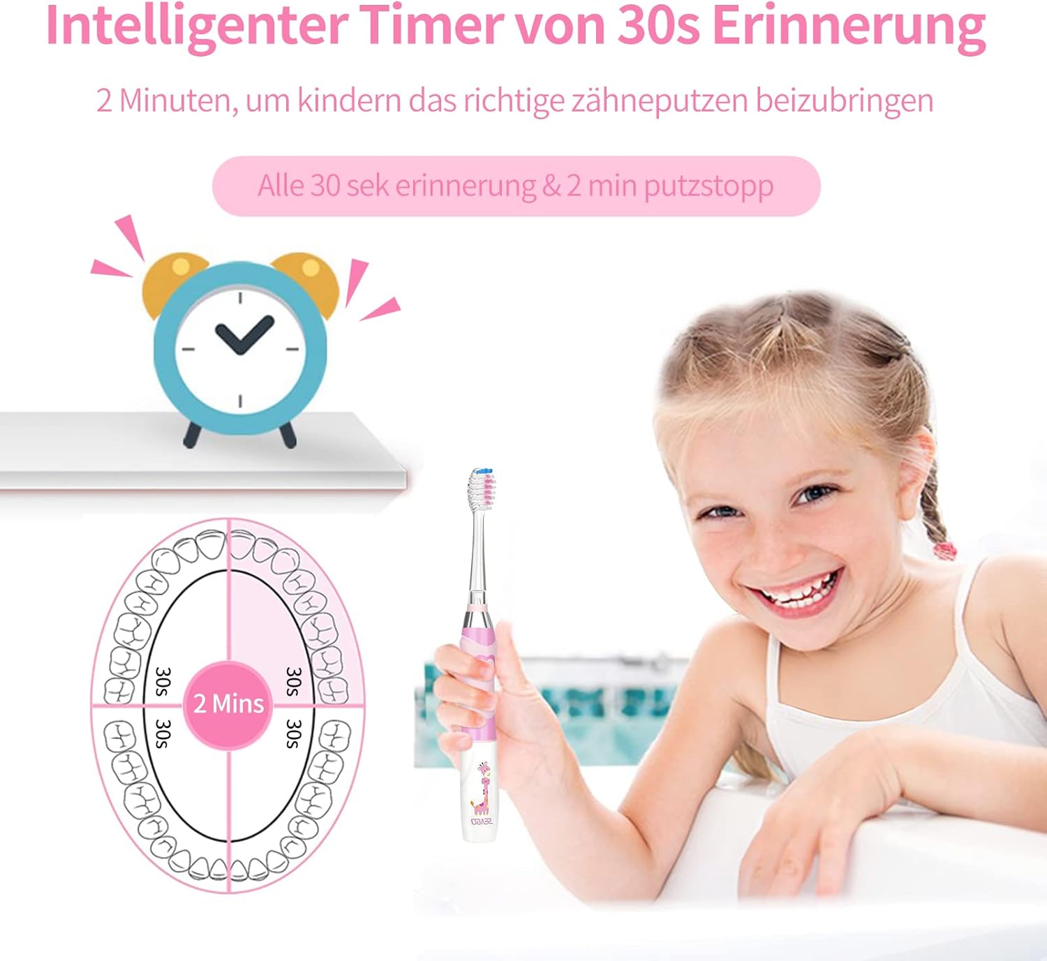 Thumbnail 3 de Seago SG977 Elektrische Kinderzahnbürste (Rosa) – 3–12 Jahre, LED-Farblicht, 2-Minuten-Timer, IPX7