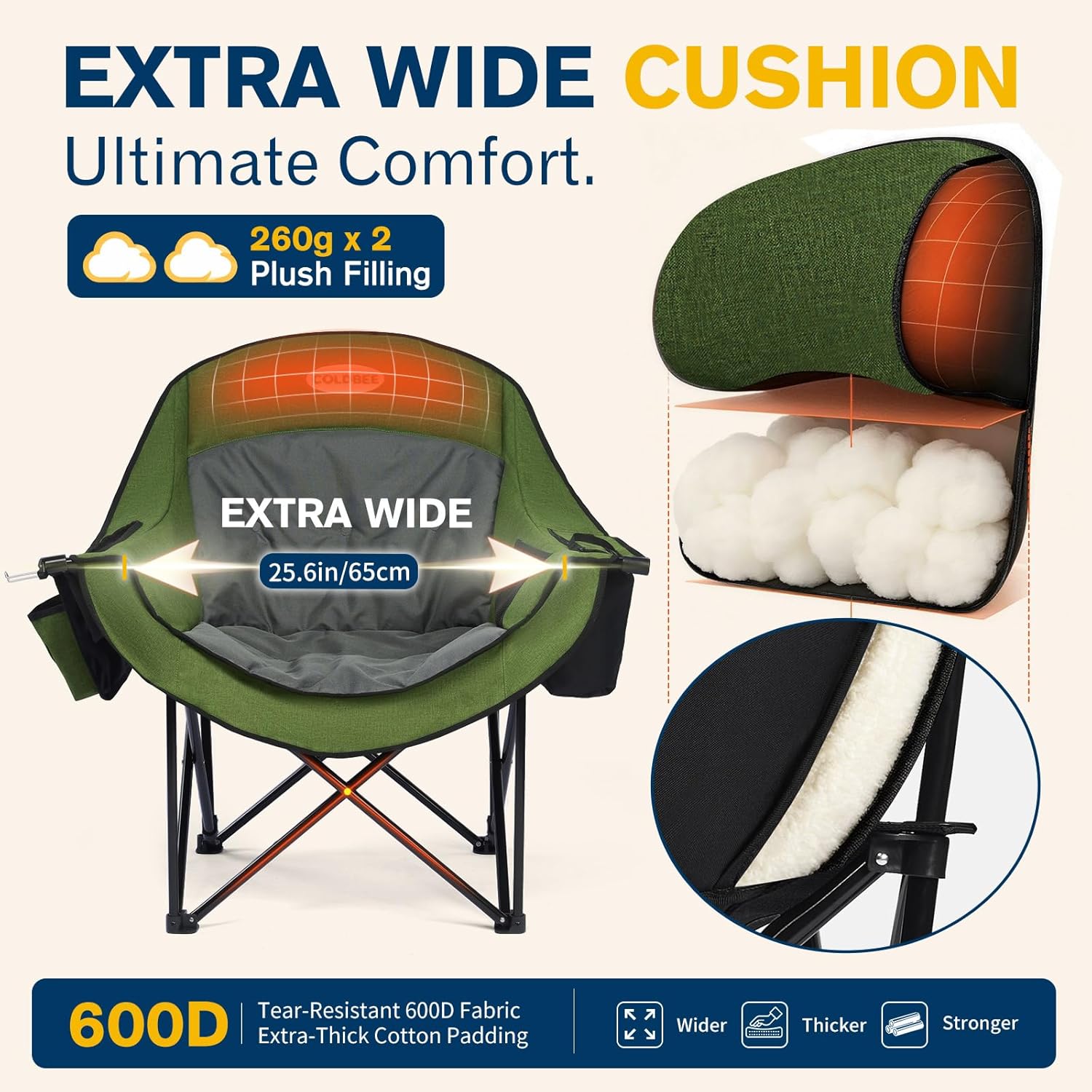 Detalle de Coldbee PW-RC749C2 Oversized Camping Chair, 500-lb Capacity, Padded Green