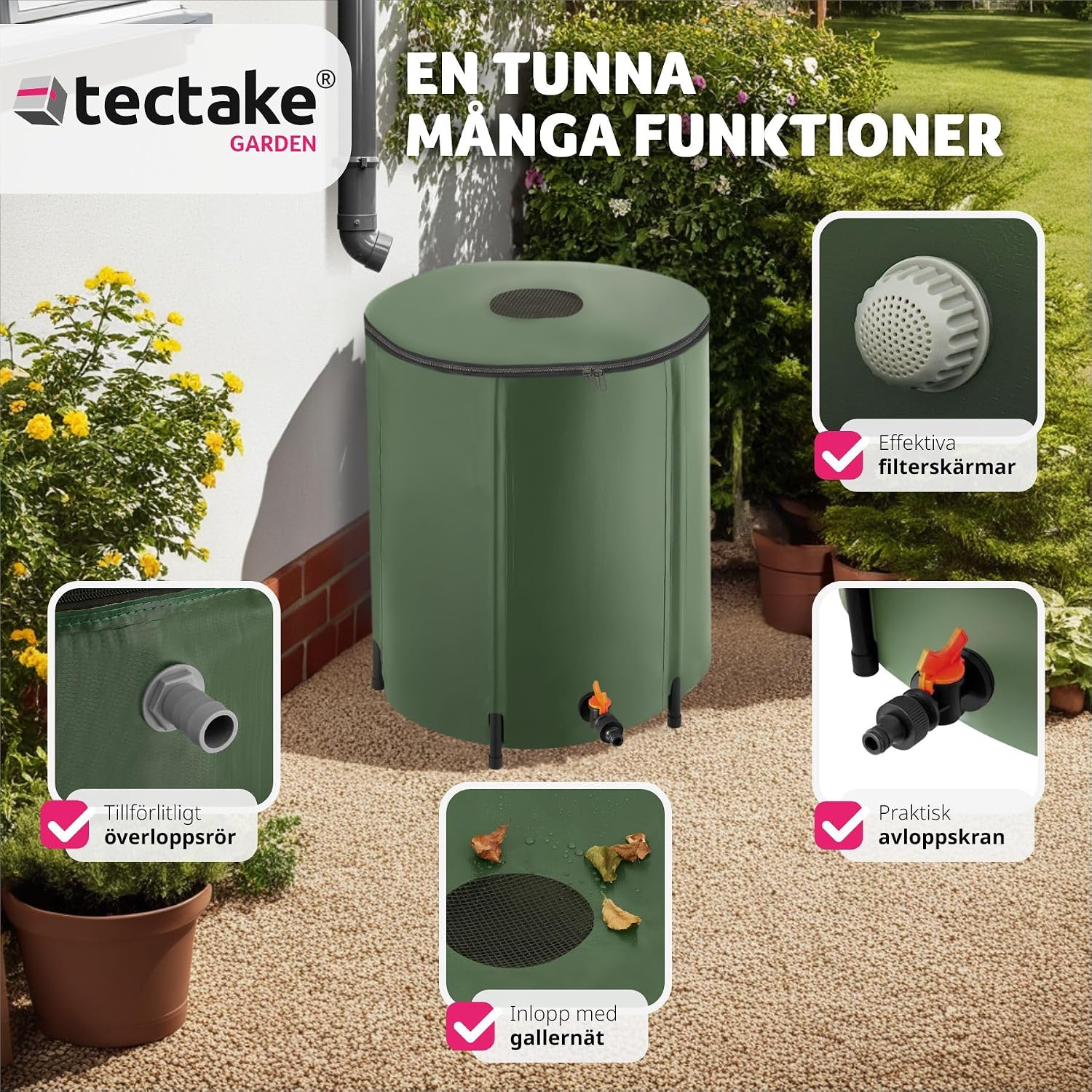 Detalle de tectake 403507-SE hopfällbar regntunna, 200 liter med överrinningsskydd