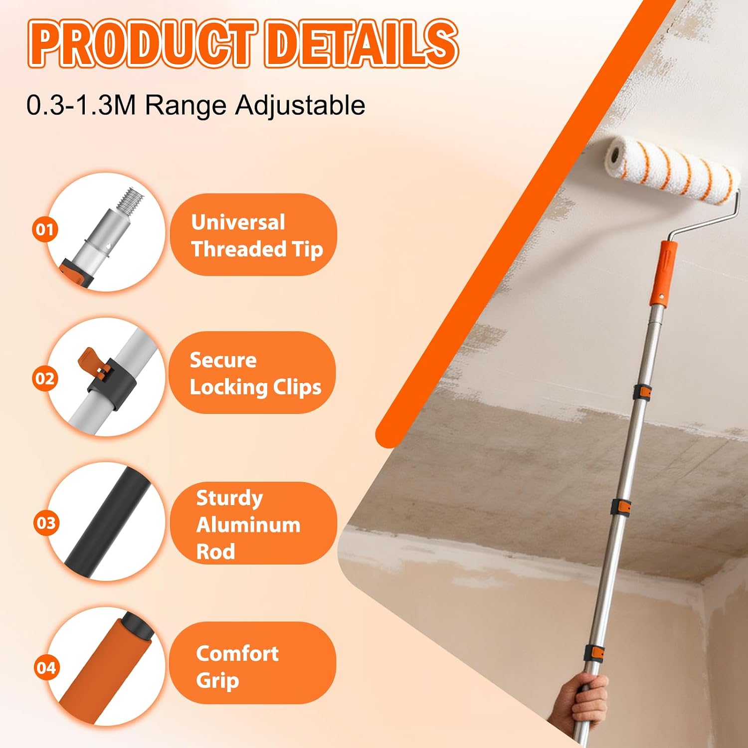 Thumbnail 6 de SISUPASSIE Paint Roller Set with 0.3-1.3m Extension Pole – 27 Pieces for Walls, Ceilings and Edges