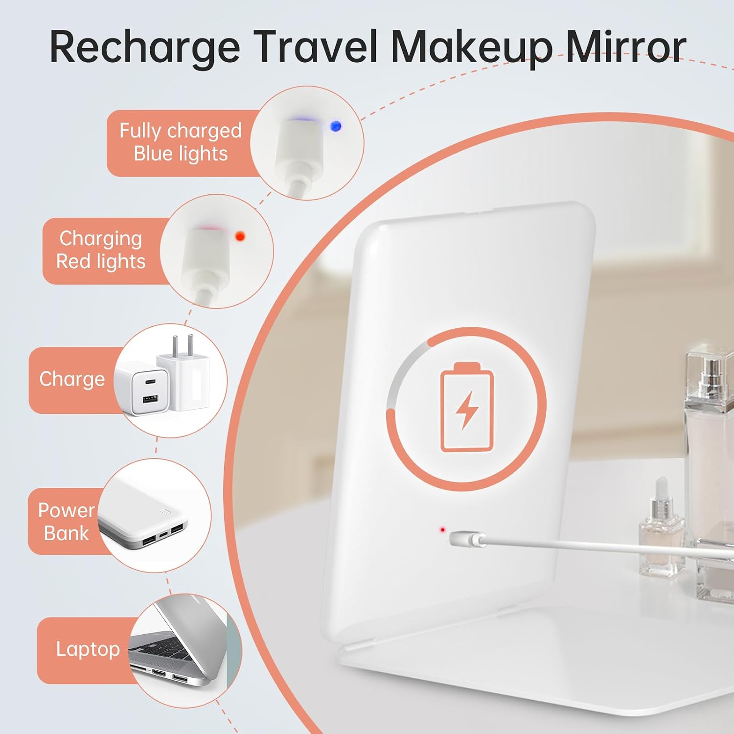 Detalle 2 de FUNTOUCH Kosmetikspiegel mit Beleuchtung (2000 mAh) – faltbarer Reise-Make-up-Spiegel mit 3 Farblichtern