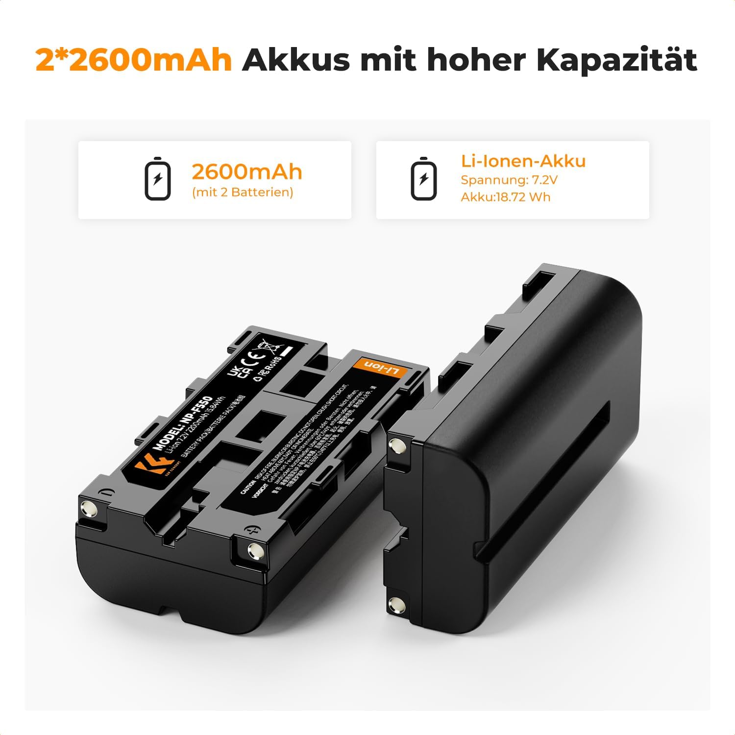 Thumbnail 1 de K&F CONCEPT NP-F550 2er-Pack (2600mAh) + Dual-LED-Ladegerät-Kit für Sony NP-F550/F570