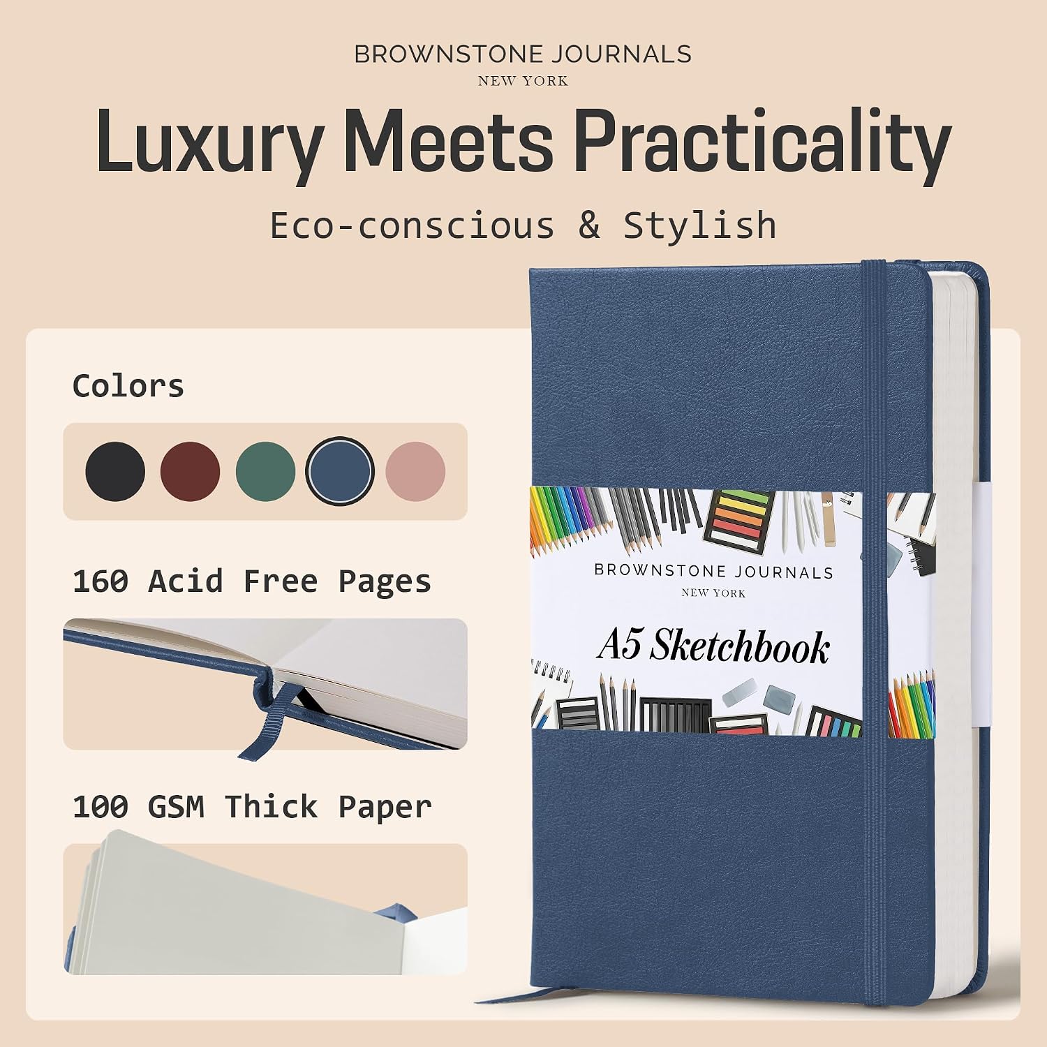 Detalle de Brownstone Journals A5 Sketch Book Hardcover – 80 Sheets, 100 GSM, Symphony Blue