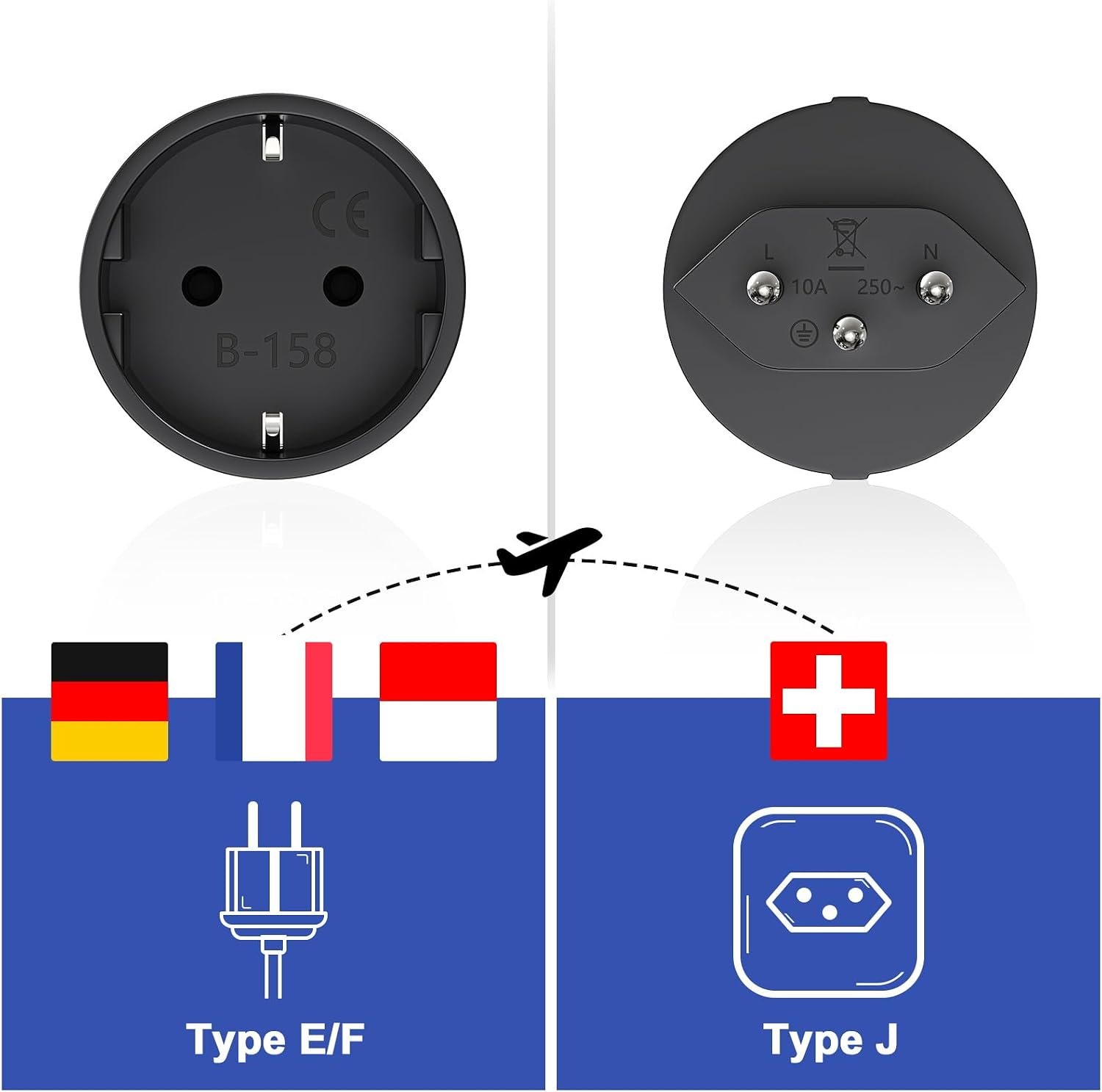 Detalle 2 de 3 Stück Reiseadapter Schweiz Schwarz