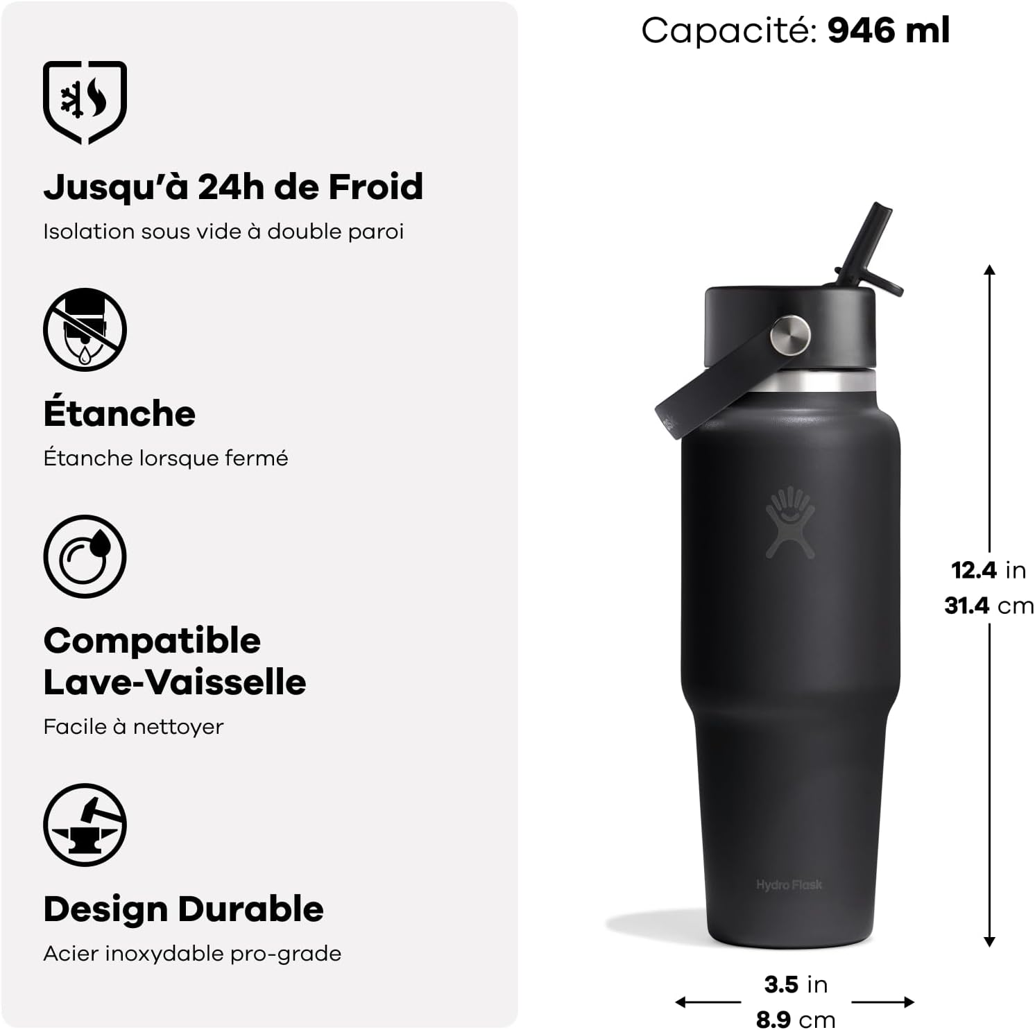 Detalle de Hydro Flask Wide Flex Straw Travel Bottle 946 ml – Acier inoxydable, étanche, 24 h de froid, grande ouverture