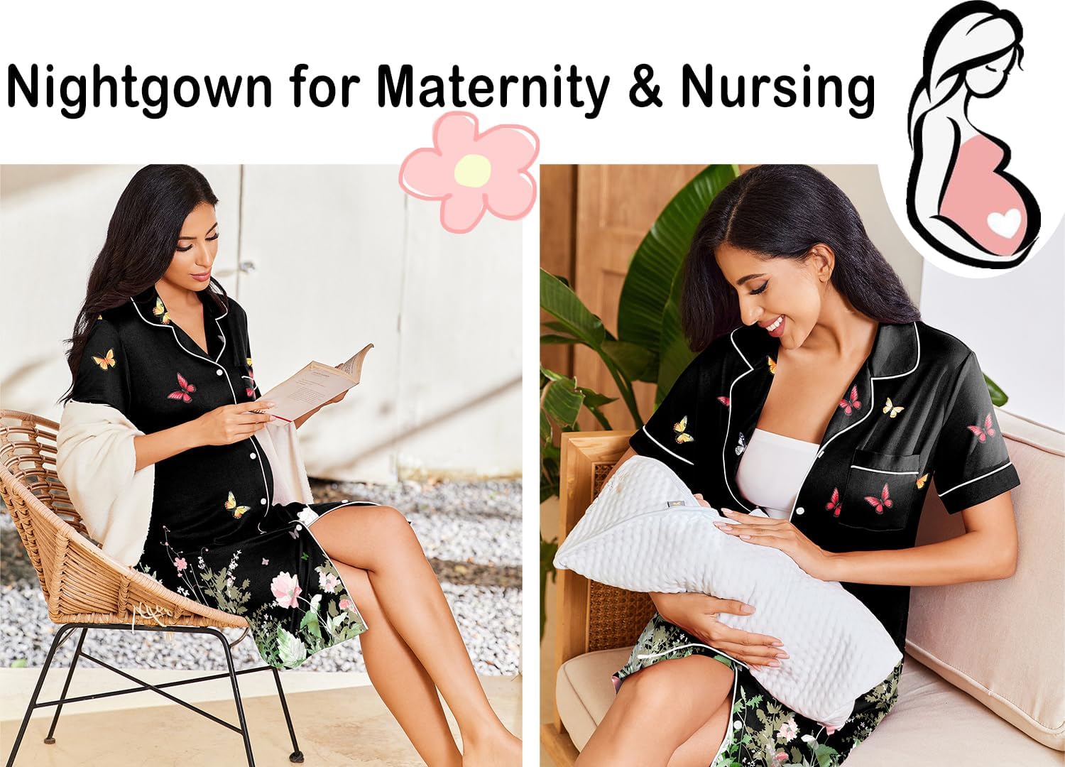 Detalle 2 de Ekouaer Button-Down Nightgown, Short-Sleeve Nursing Sleep Shirt