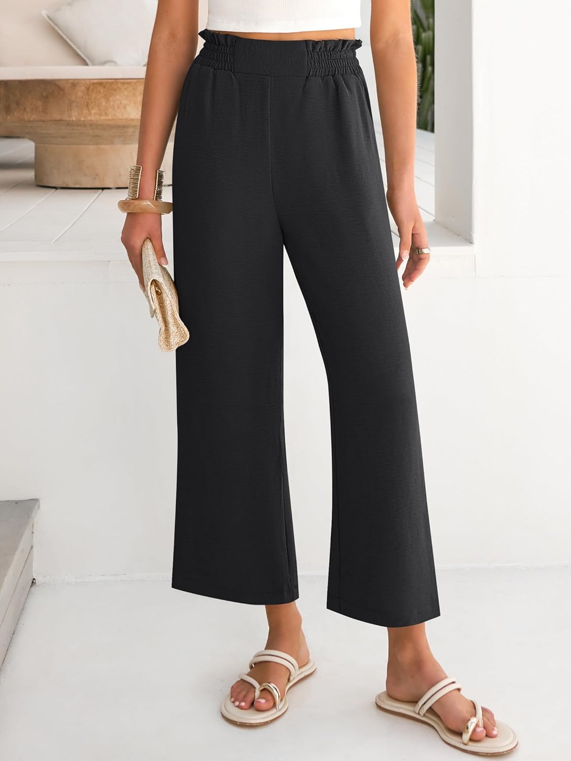 Detalle 2 de ANRABESS Womens Wide Leg Palazzo Pants – High Waisted, Cropped, Beach-Ready with Pockets