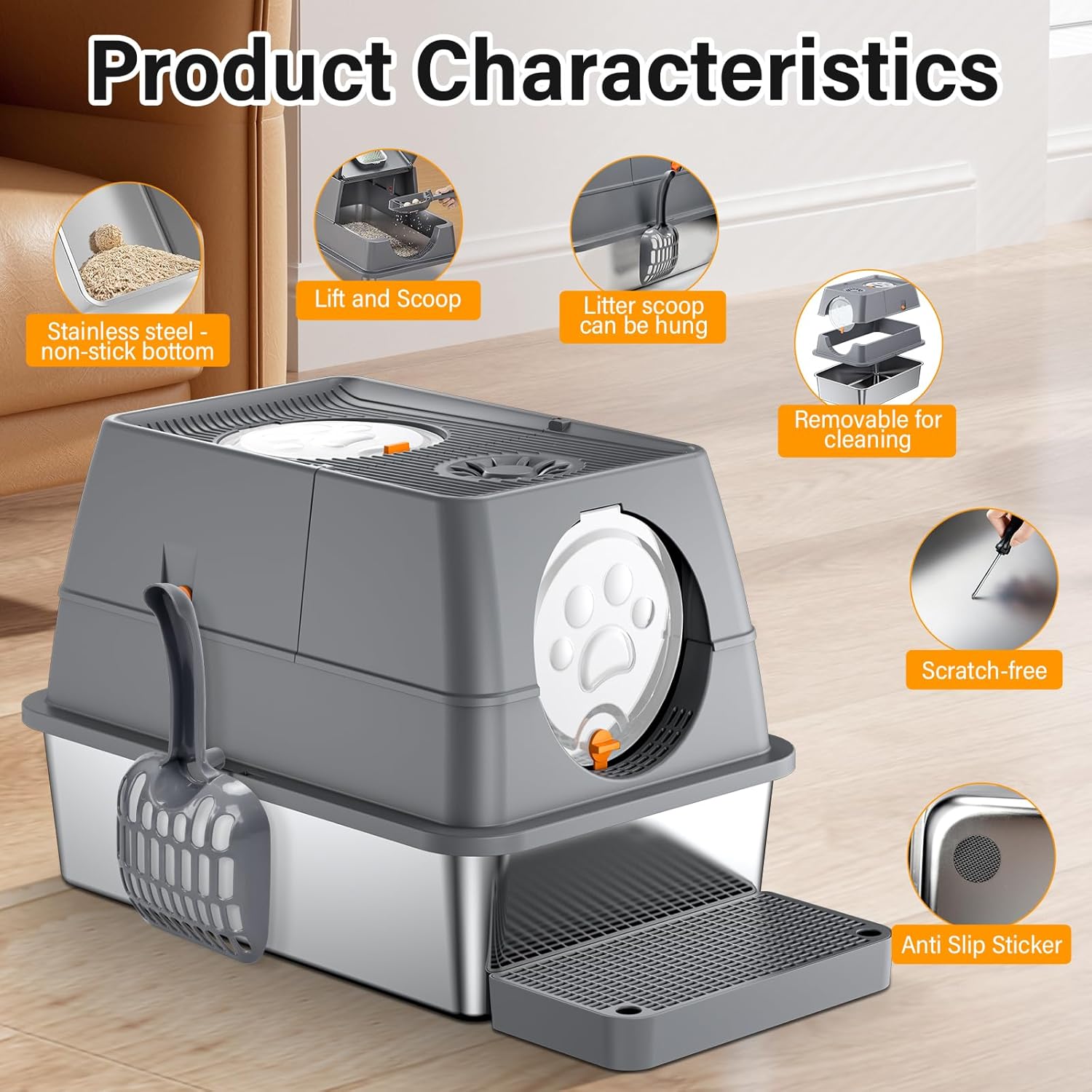 Thumbnail 2 de QEANY lettiera per gatti in acciaio inox XXL con coperchio 60 x 40 x 39 cm, grande e chiusa (con pala e tappetino)