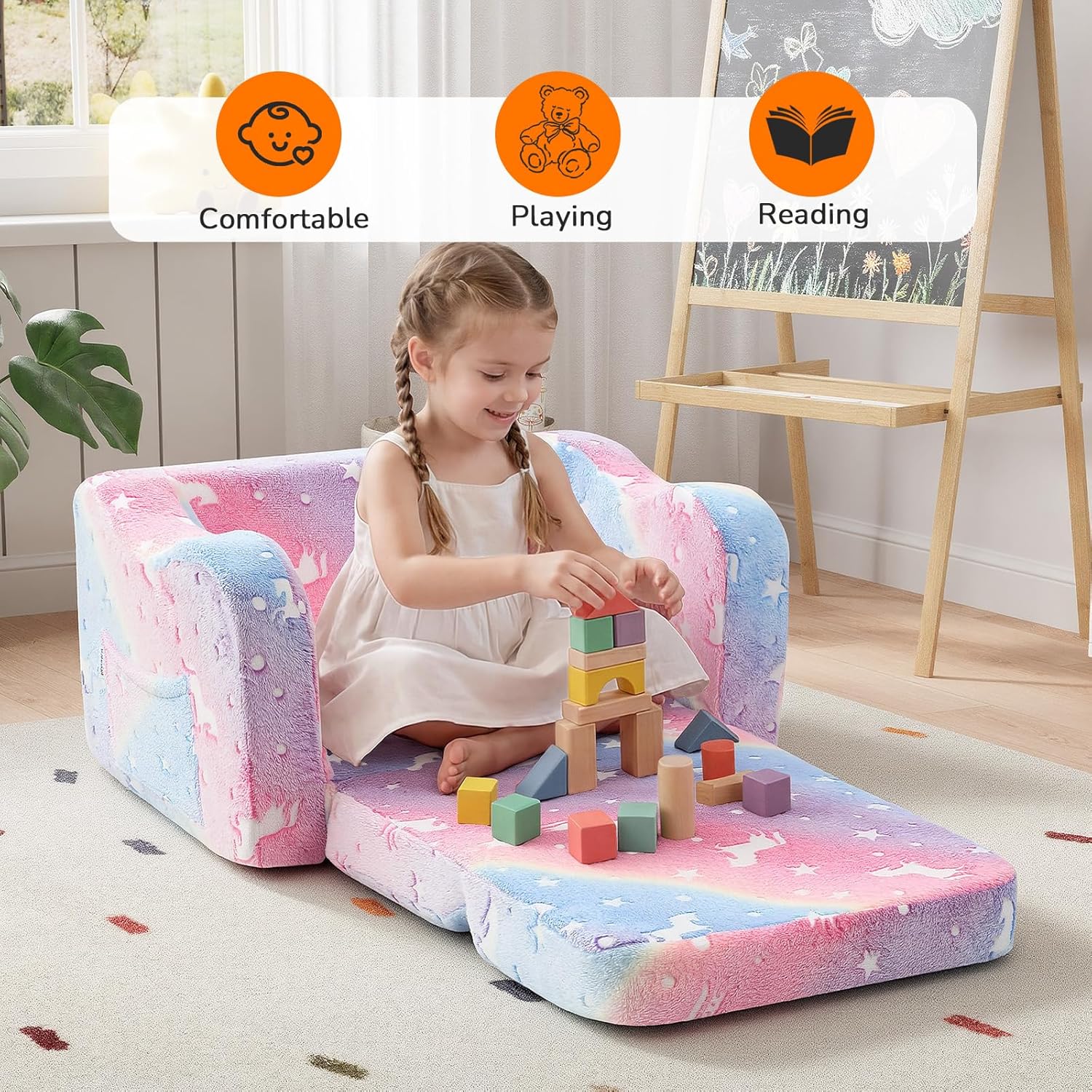 Detalle de MeMoreCool Glowing Rainbow Unicorn Kids Chair (Convertible 2-in-1 Fold-Out Kids Couch)