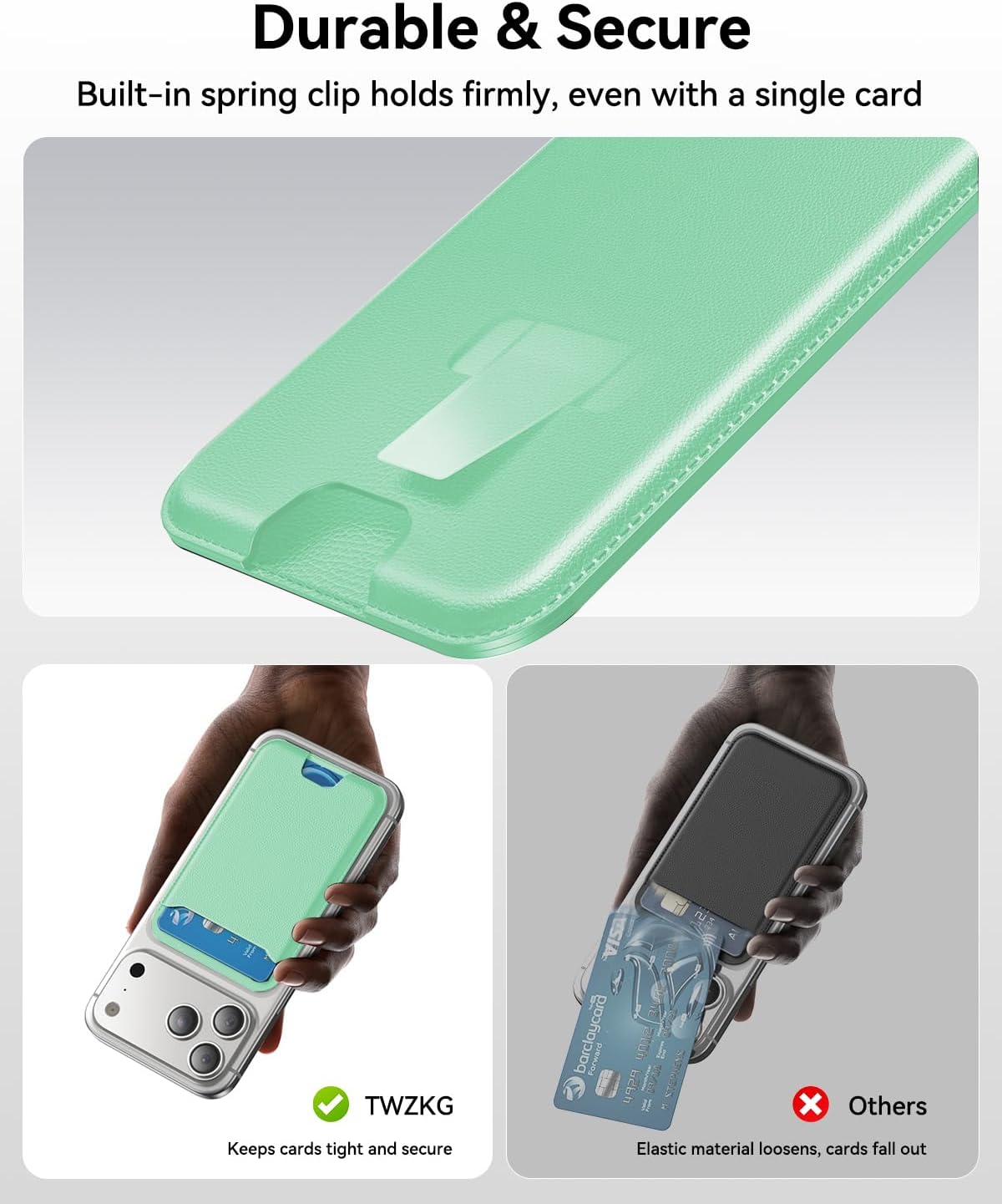 Detalle de TWZKG MagSafe Wallet (3-Card Holder) Slim Magnetic Phone Wallet for iPhone Pro/Plus — Light Green, RFID Blocking Vegan Leather