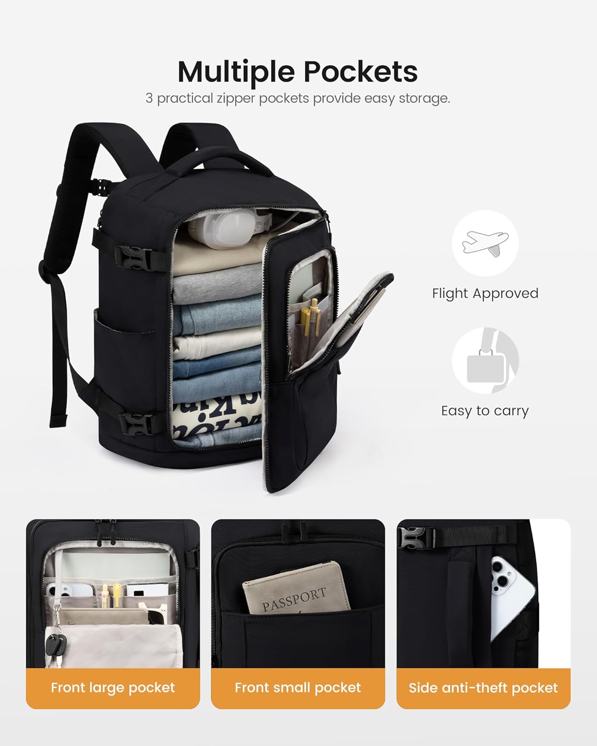 Detalle 2 de LOVEVOOK Ryanair Handgepäck 40x30x20 Reiserucksack für Damen – 14 Zoll Laptop, Cabin Bag Schwarz