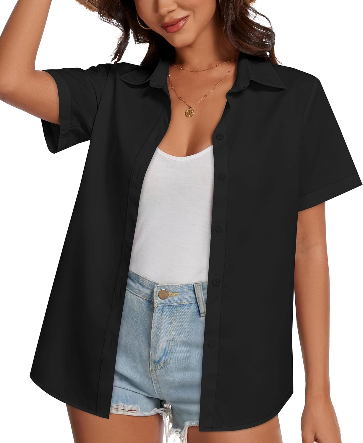Detalle de CHICALLURE Women’s Hawaiian Button-Down Shirt, Short-Sleeve Floral V-Neck