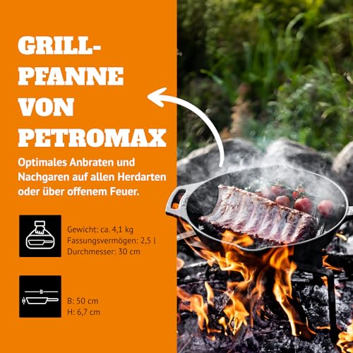 Detalle 2 de Petromax Grill-Feuerpfanne mit 2 Henkeln – Gusseisenpfanne für Herd, Backofen, Gasflamme und Outdoor