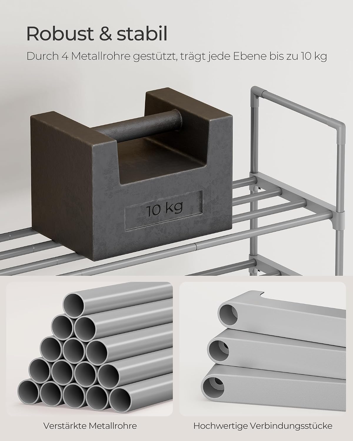 Detalle de SONGMICS Schuhregal mit 10 Ebenen – platzsparend, verstellbar und robust aus Metall, grau (LSA025G02)