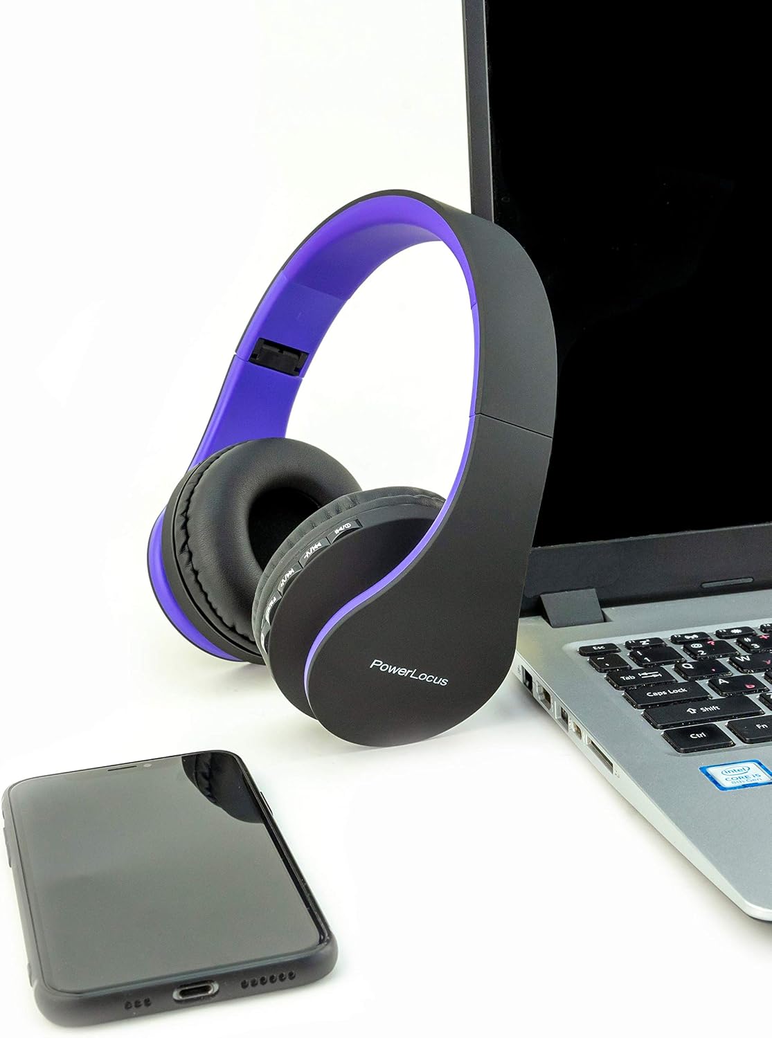 Detalle de PowerLocus Wireless Bluetooth Over-Ear Headphones (Purple) – Foldable, with Case