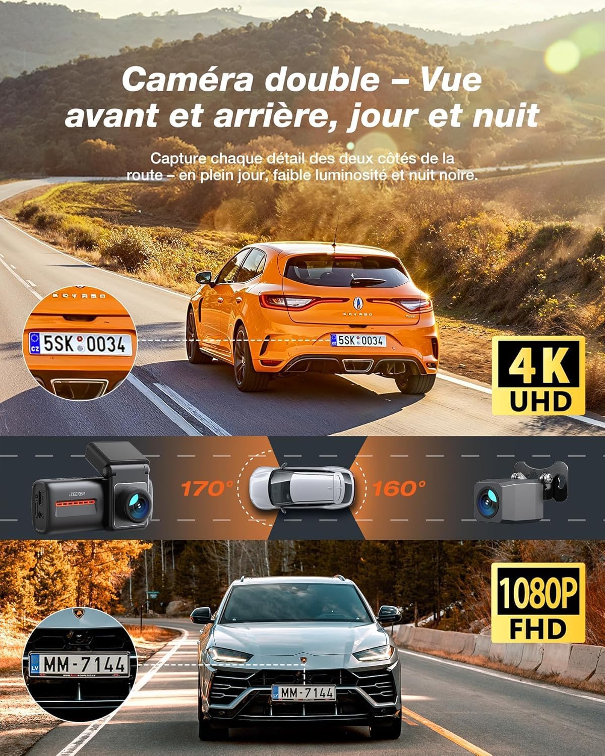 Detalle de iZEEKER Dashcam 4K double caméra avant/arrière avec Wi‑Fi 6 et écran IPS 2,99