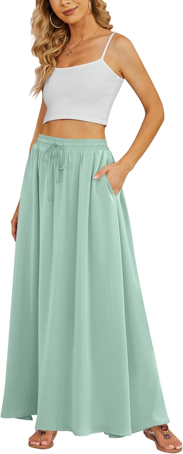 Yincro Women's Flowy Maxi Skirt: Pleated, High-Waisted, with Pockets