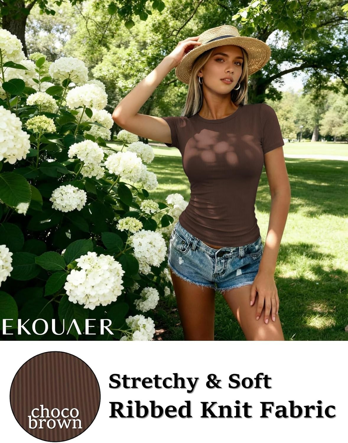 Detalle de Lot de 3 T-Shirts Femme en Maille Côtelée à Col Ras du Cou - Ekouaer