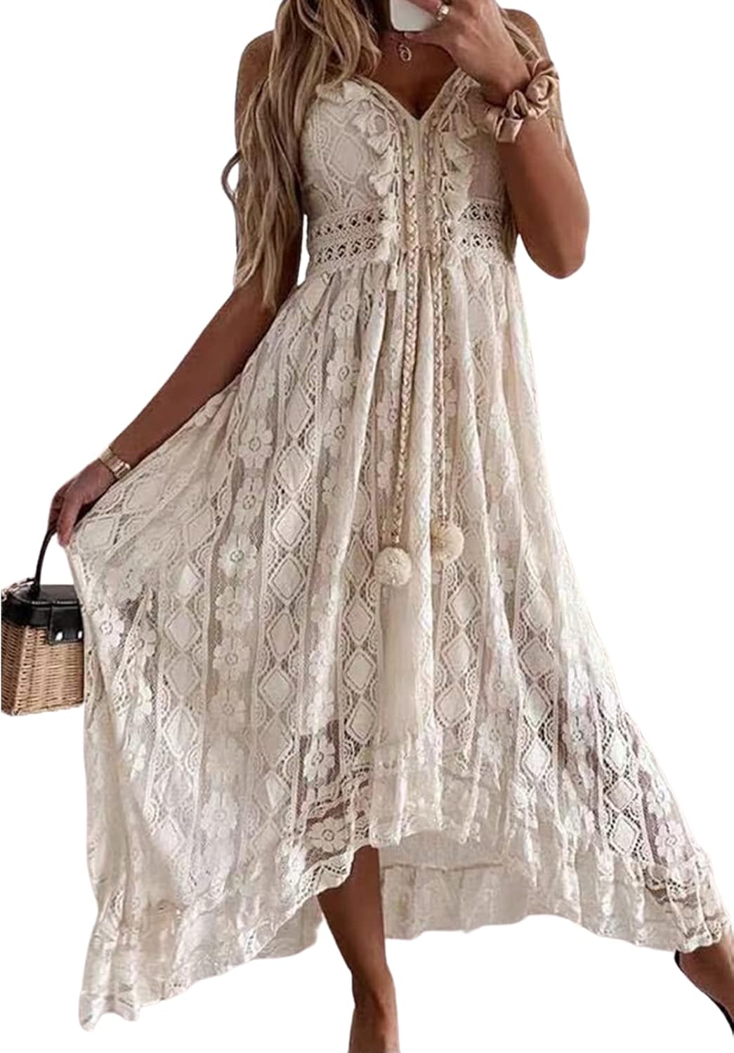 Detalle de CUPSHE Damen Sommerkleid mit V-Ausschnitt, floralem Spitzeinsatz & High-Low-Saum