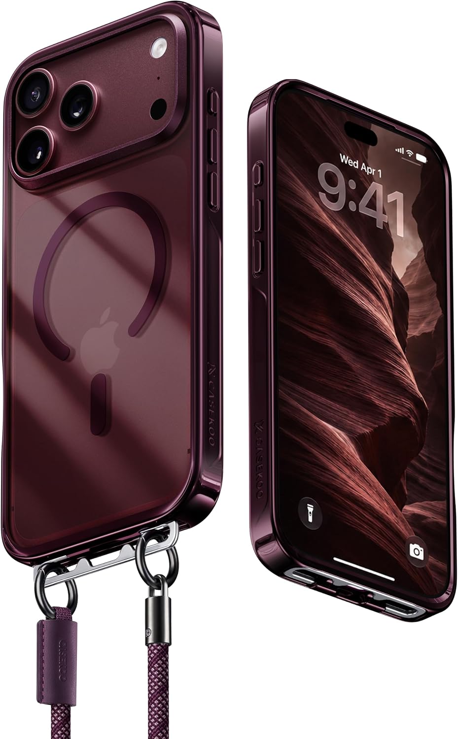 Detalle de CASEKOO LinKOO Magnetic iPhone Case, Burgundy Clear Back with Wrist Strap