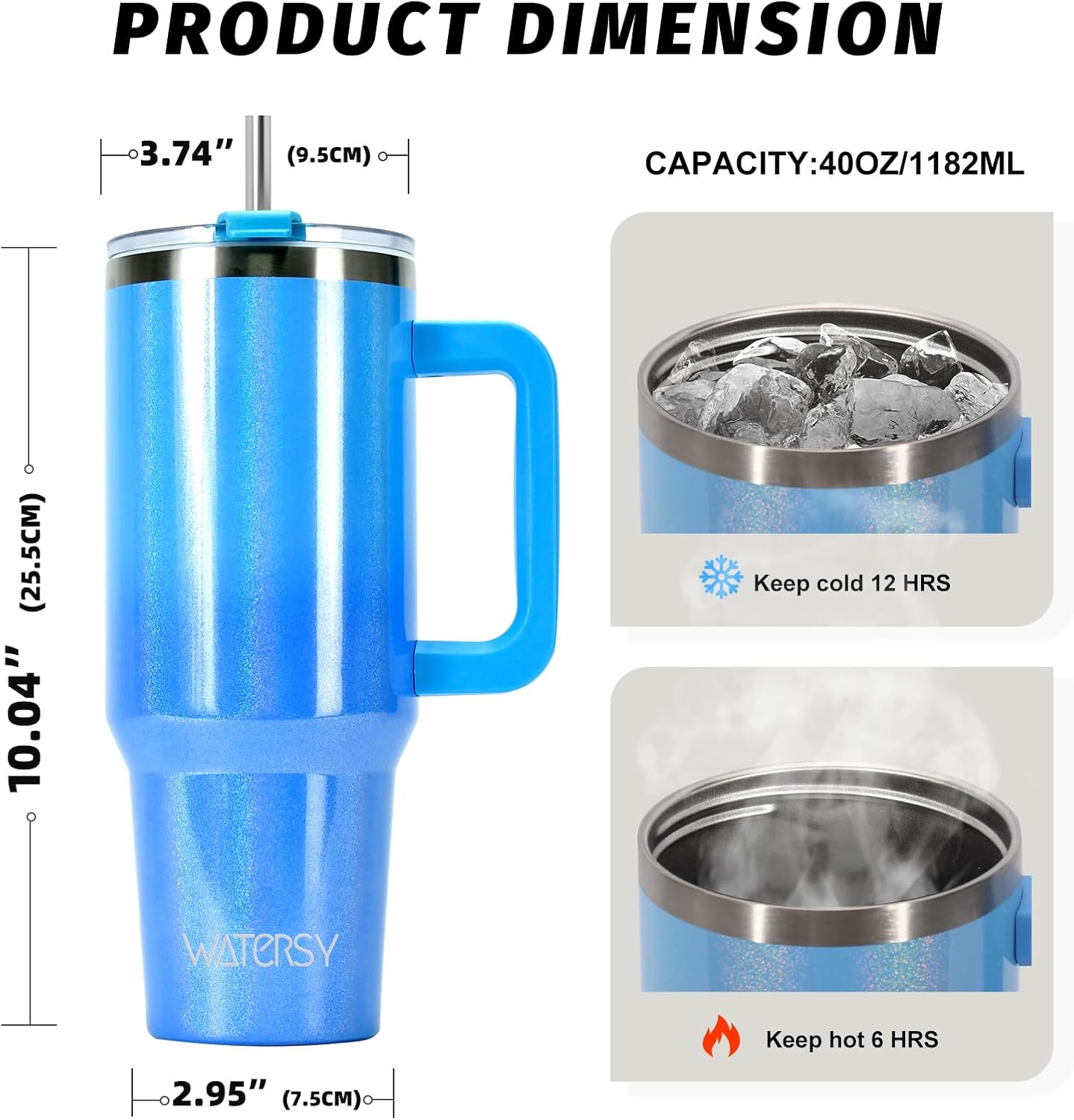 Detalle de WATERSY 40oz Tumbler with Straw and Lid – 1182ml Stainless Steel Vacuum Insulated Travel Mug (Blue)
