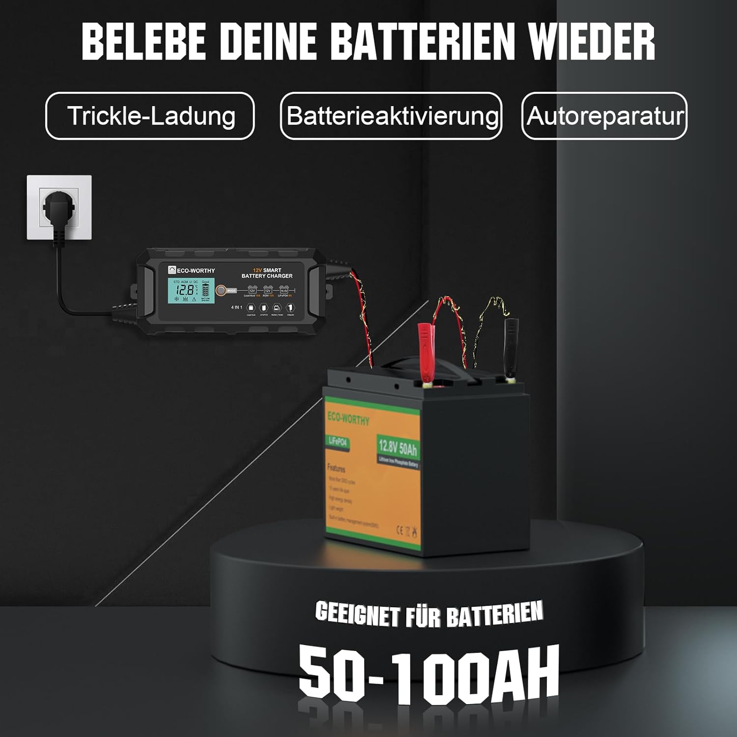 Thumbnail 3 de ECO-WORTHY 10A Autobatterie-Ladegerät für 12 V LiFePO4 & Blei-Säure (Erhaltungslader, Aktivierung)