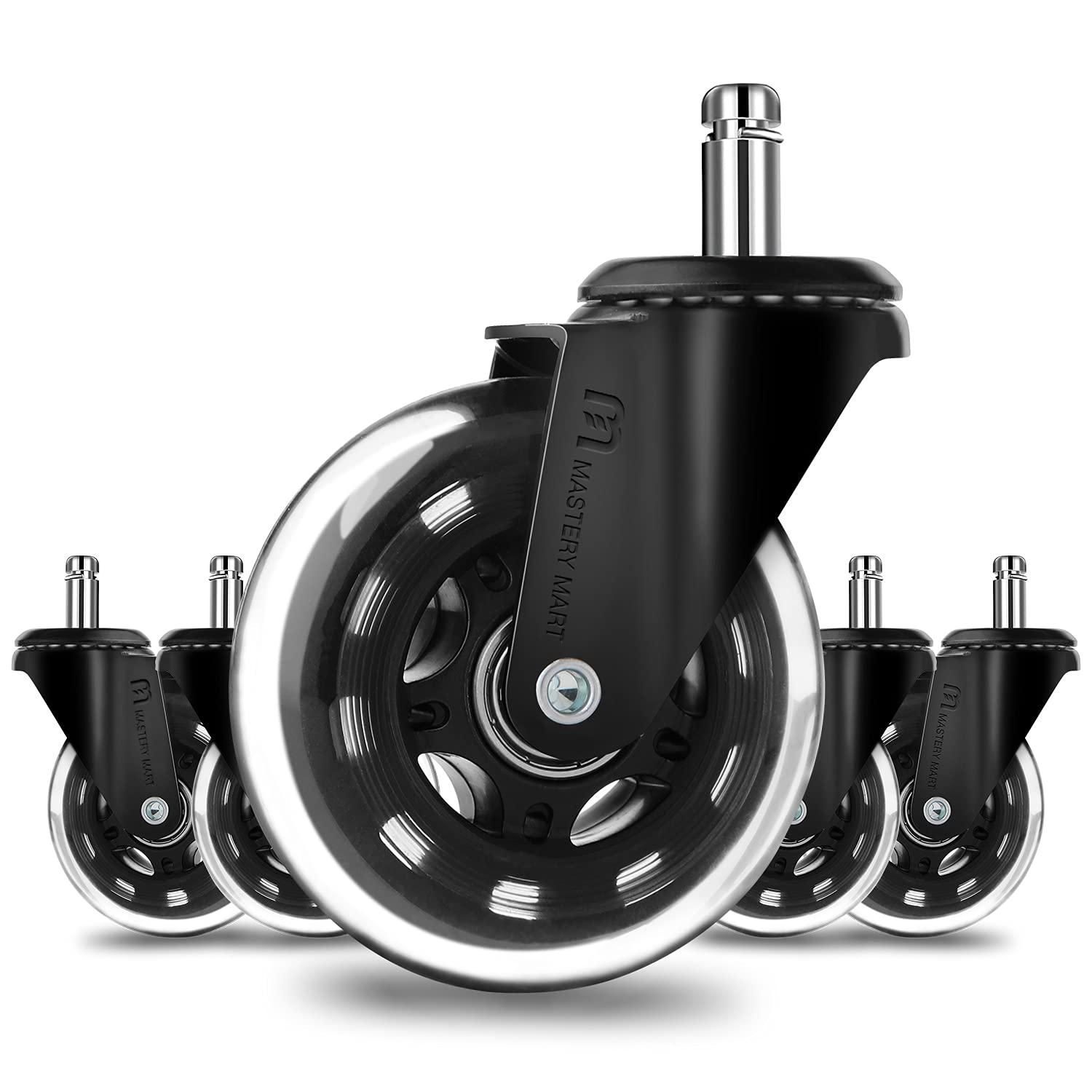 Detalle de Mastery Mart Bürostuhl Rollen 5er-Set für Hartboden (11 mm x 22 mm, 75 mm) – Polyurethan, geräuscharm