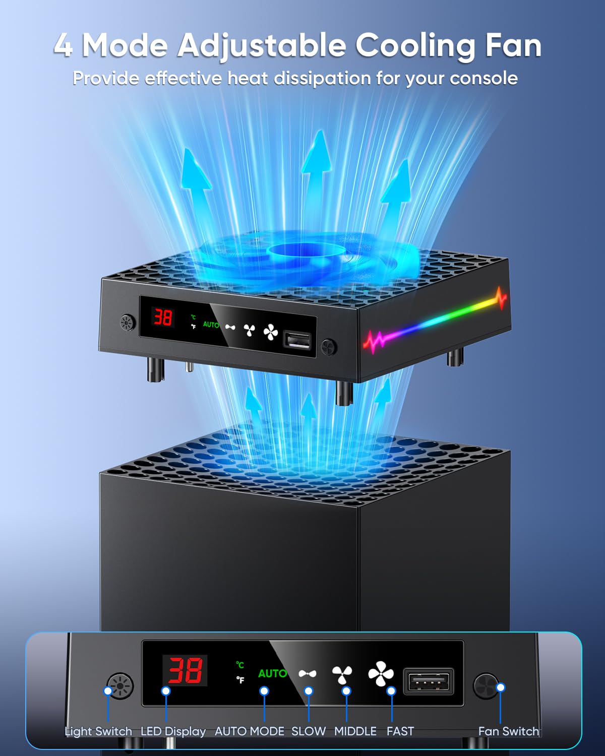 Thumbnail 2 de [LED Display] Auto Cooling Fan for Xbox Series X with 9 RGB Lights—Adjustable Temperature Cooling, USB Hub & Headset Hook