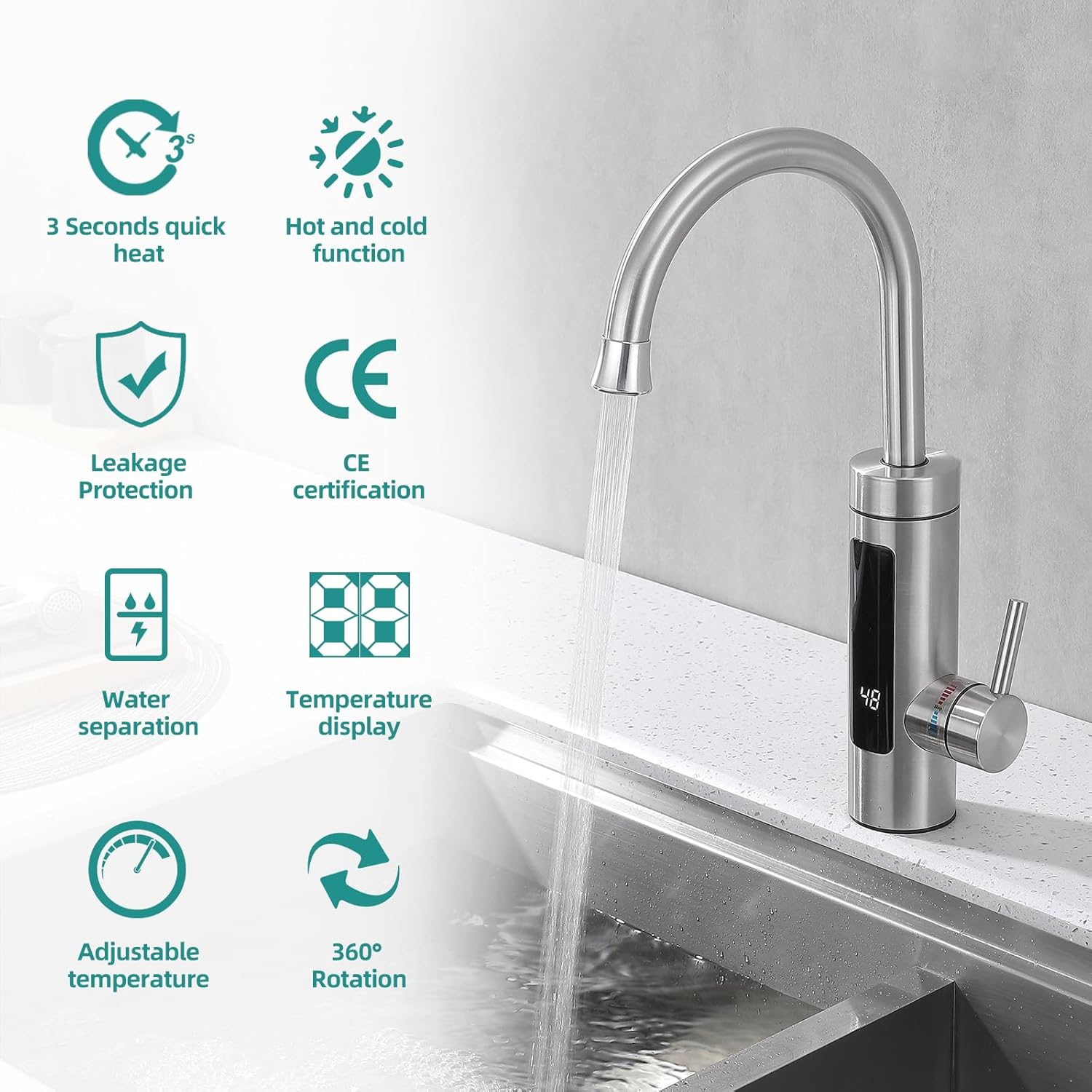 Thumbnail 5 de HOMELODY Elektrischer Wasserhahn mit Durchlauferhitzer (230 V) und LED-Temperaturanzeige – Edelstahl, 360° drehbar
