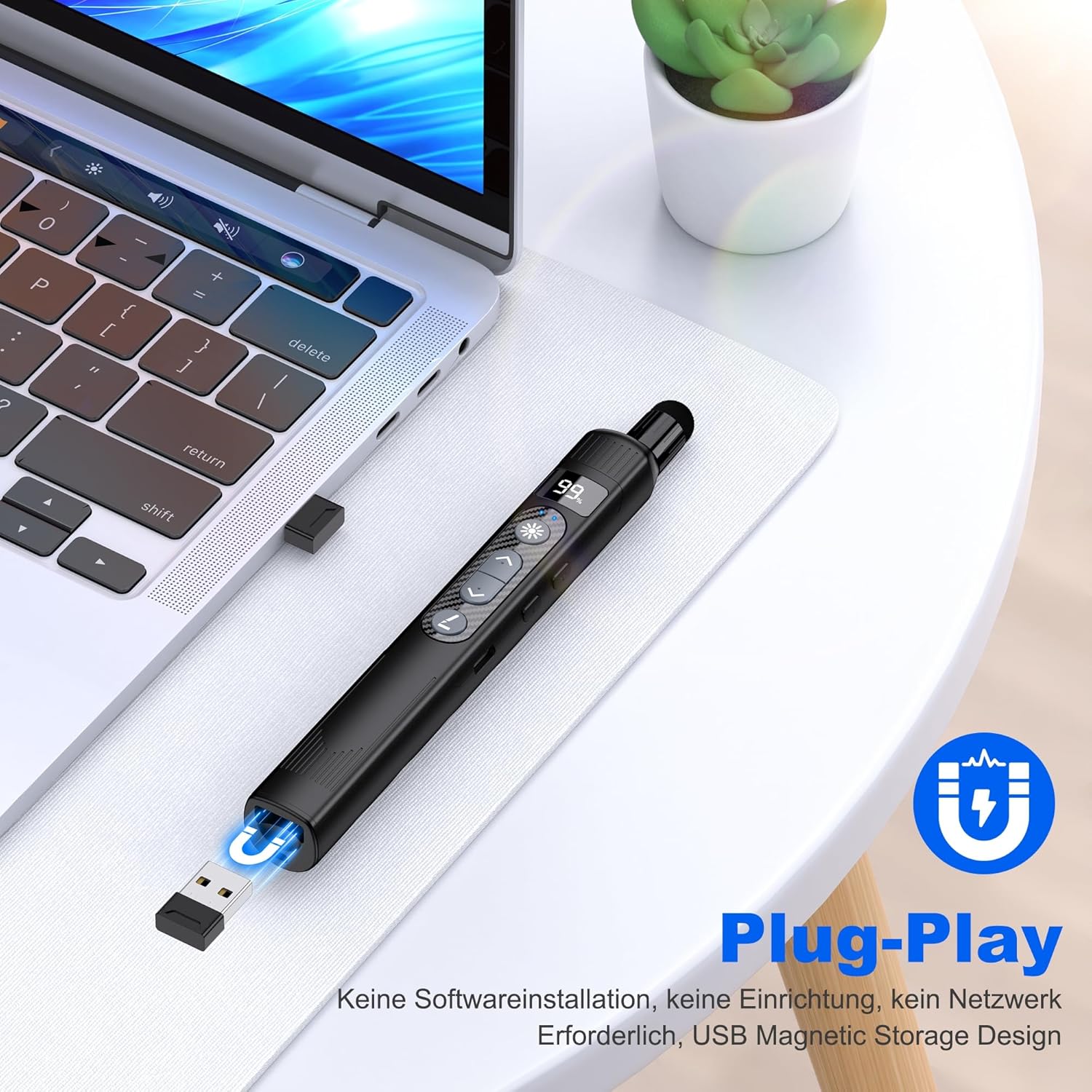 Detalle 2 de Elegamefy Schreiben Presenter – Präsentationsfernbedienung mit ausziehbarem Zeigestab und wiederaufladbarem USB-C