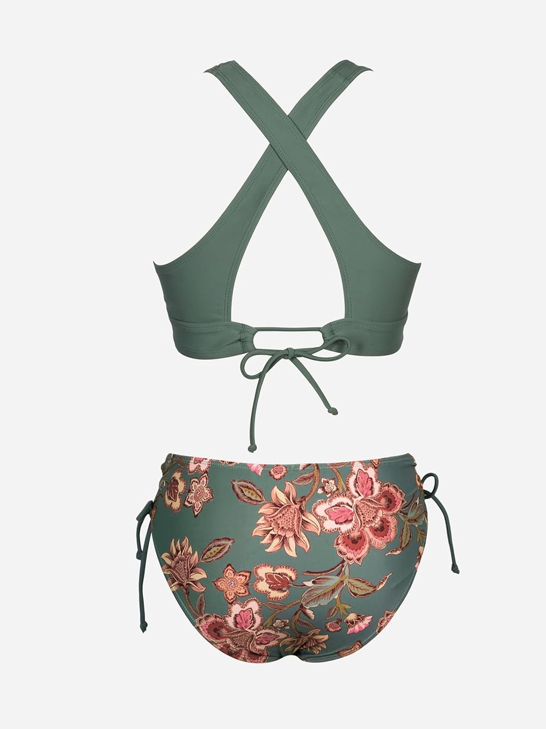 Detalle de CUPSHE Damen Bikini Set V-Ausschnitt Lace Up – Vintage Blüten, Kreuzträger und Tiefes Bunddesign