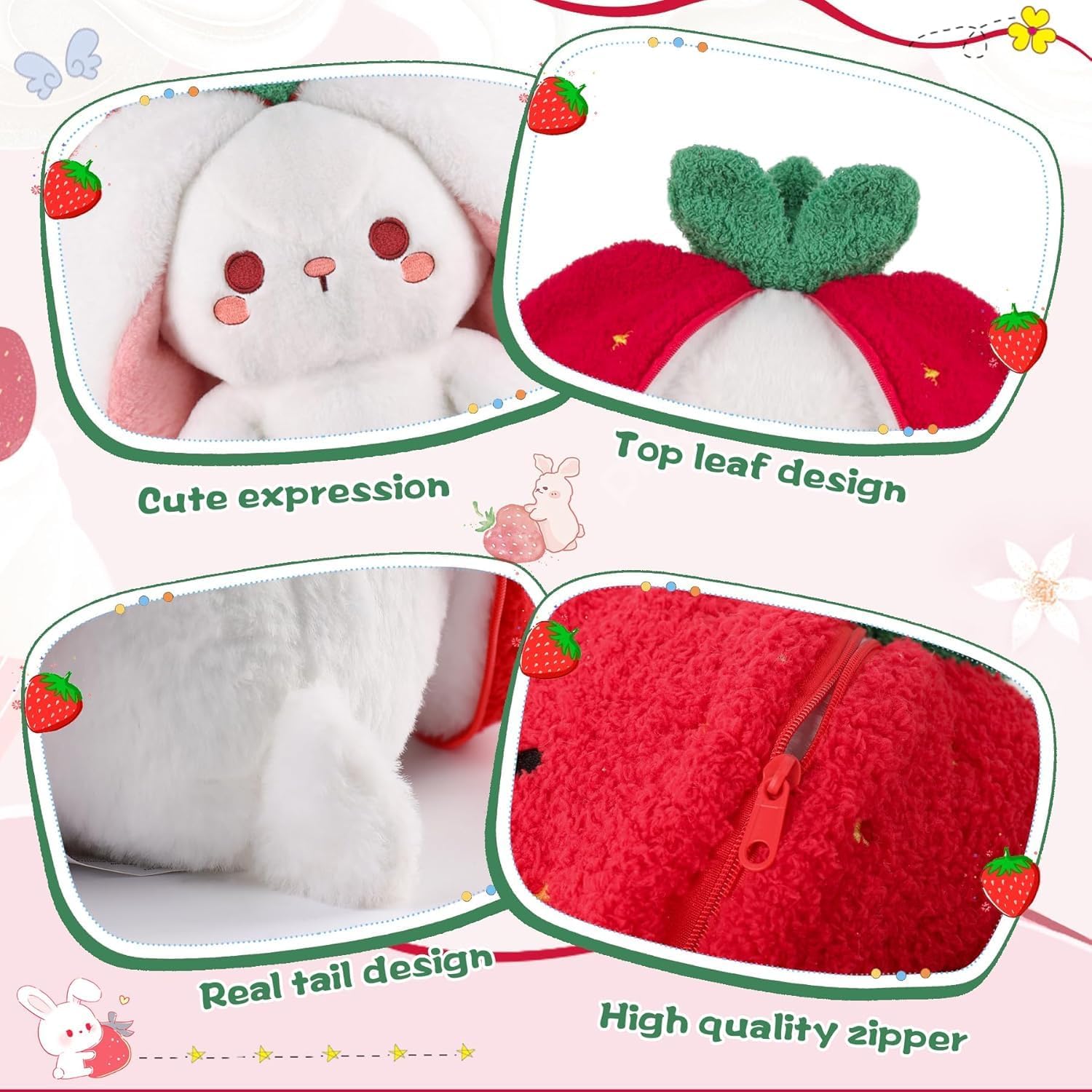 Detalle 2 de seOSTO Easter Strawberry Bunny Plush (7 inch / 18cm) reversible rabbit with zipper
