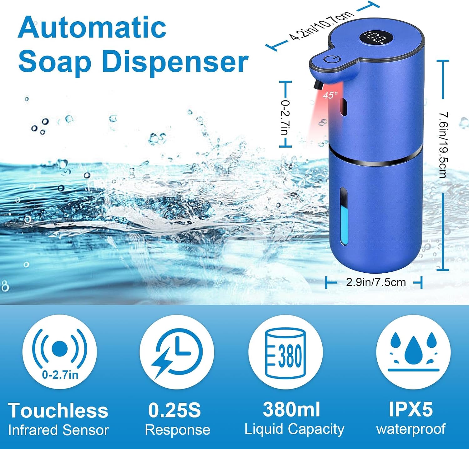 Detalle 2 de OHIFAST OFASDBEP18F Touchless Soap Dispenser, 380 mL, 6-Level, USB-C