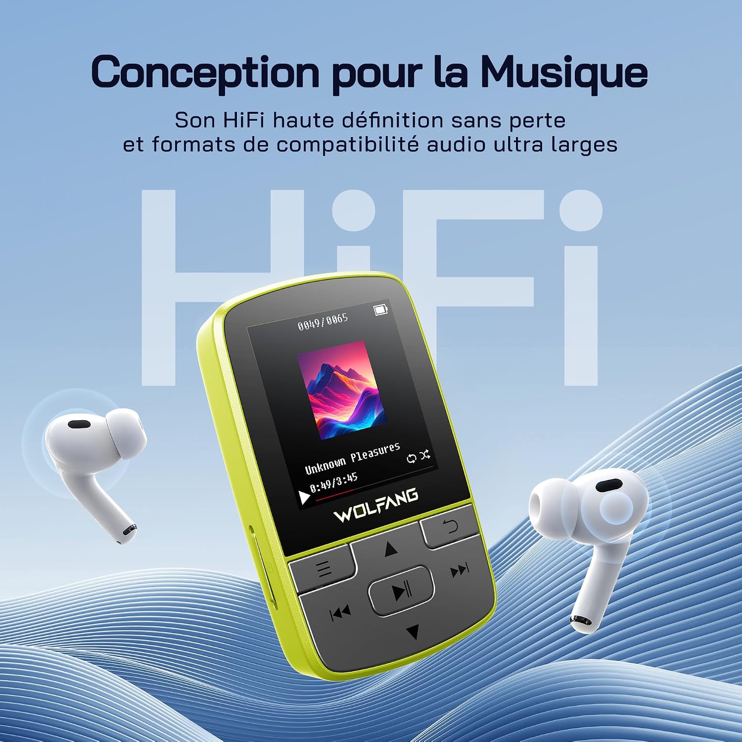 Detalle 2 de WOLFANG Lecteurs MP3 avec Bluetooth 5.2, Clip Sport — Mini, 28 g, FM HiFi, Écouteurs Inclus