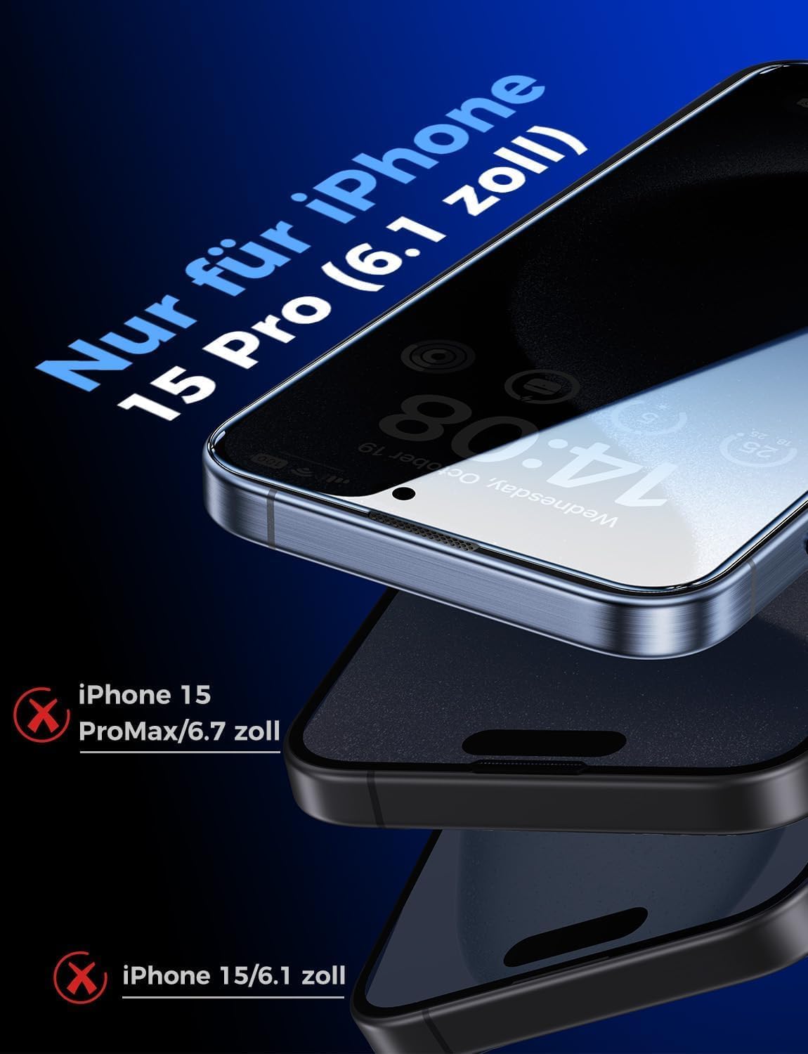 Detalle de MAGIC JOHN 2-Stück Displayschutzfolie für iPhone 15 Pro (6,1 Zoll) mit Sichtschutz, 28° Blickwinkel, 9H, Staub-Entfernung und Blasenfrei-Installation
