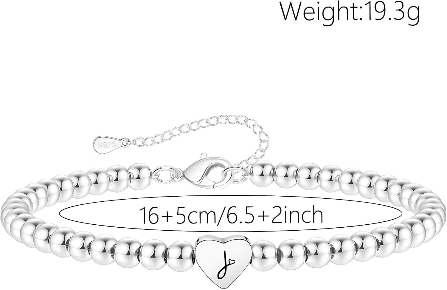Thumbnail 1 de Crownette S925 Silver Bead Bracelet with Heart Initial Letter Charm (Adjustable)