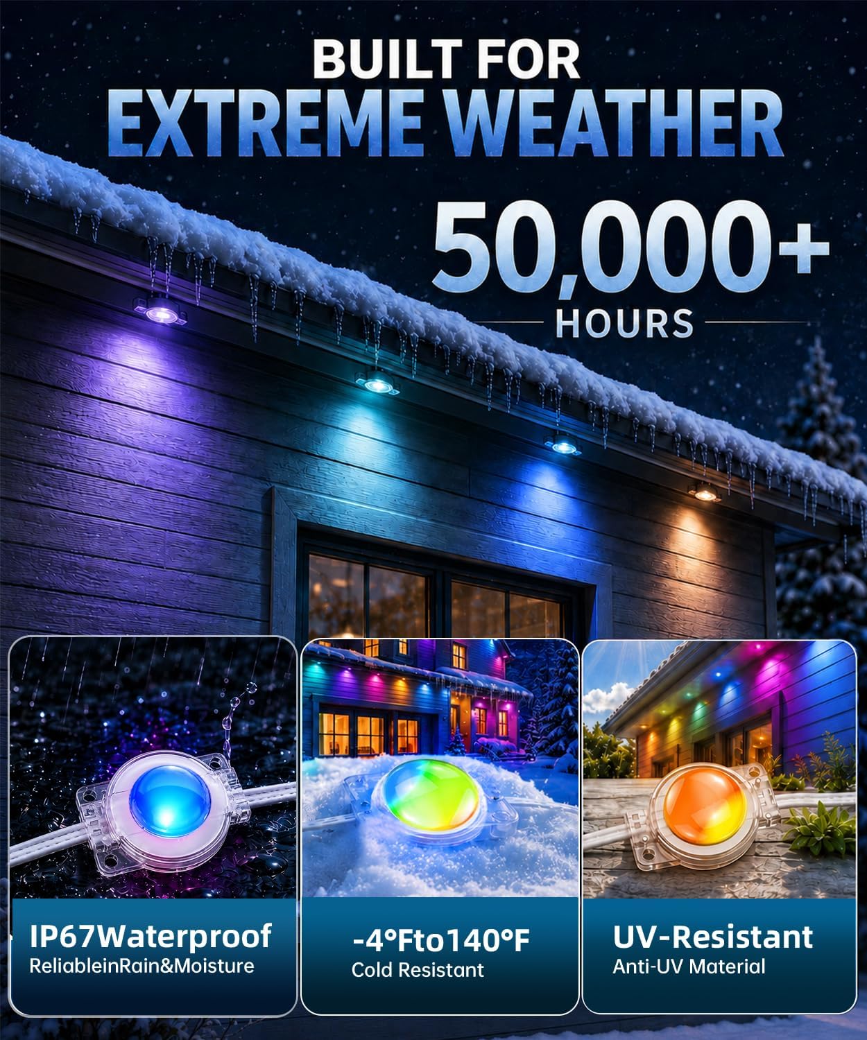 Detalle 2 de YIBULAYIN 300FT Permanent RGBIC Outdoor Lights with App Control and IP67 Protection