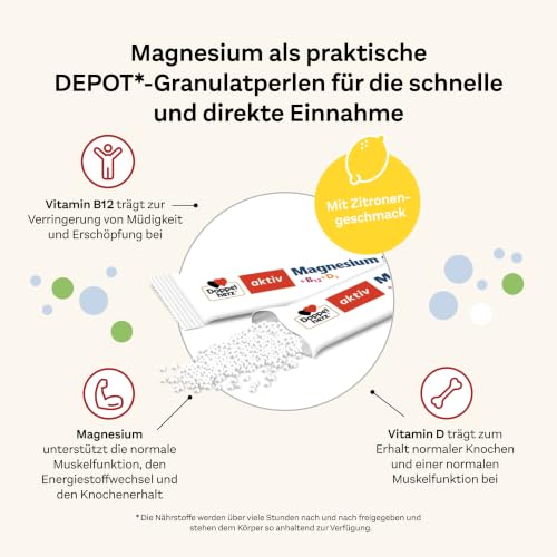 Detalle de Doppelherz Magnesium 500 + B12 + D3 DIRECT mit DEPOT-Funktion – Hochdosierte Mikropellets mit Zitronengeschmack