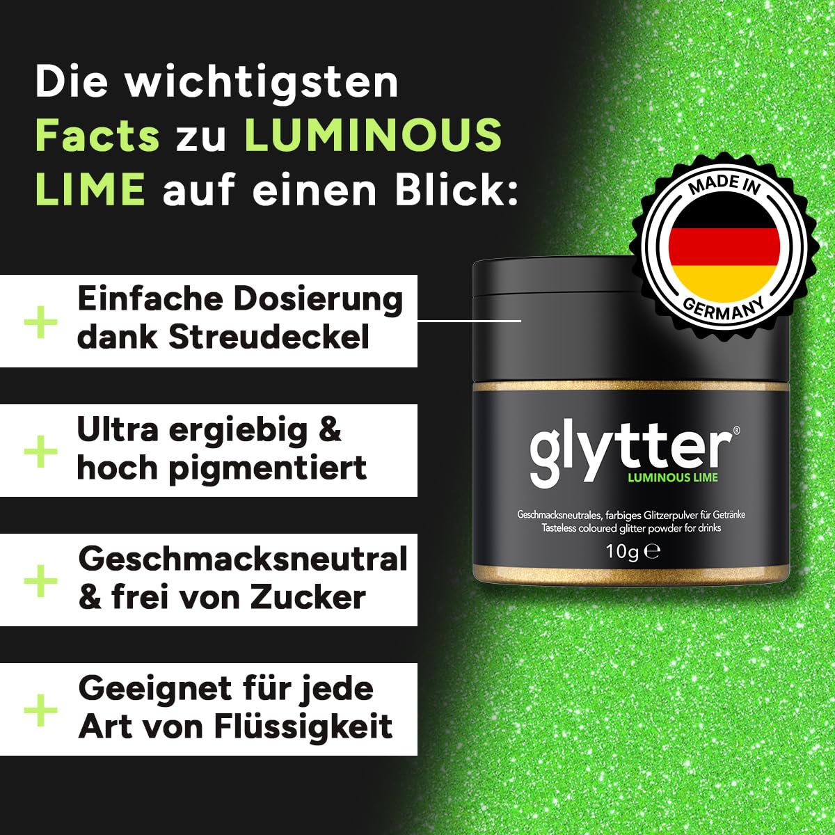 Detalle de Glytter Glitzerpulver Neongrün 100 Getränke 🍹