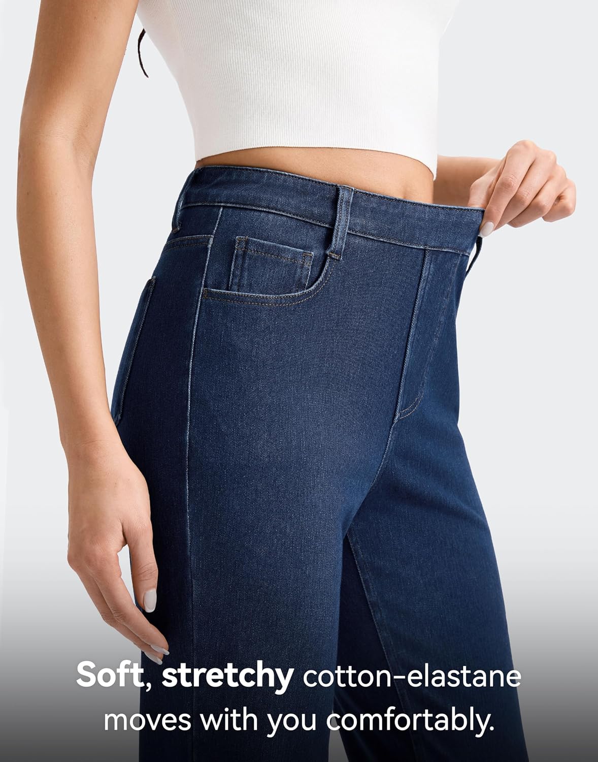 Detalle 2 de Rammus Women's Pull-On Straight-Leg Jeans, High-Waisted Stretch Denim with 5 Pockets