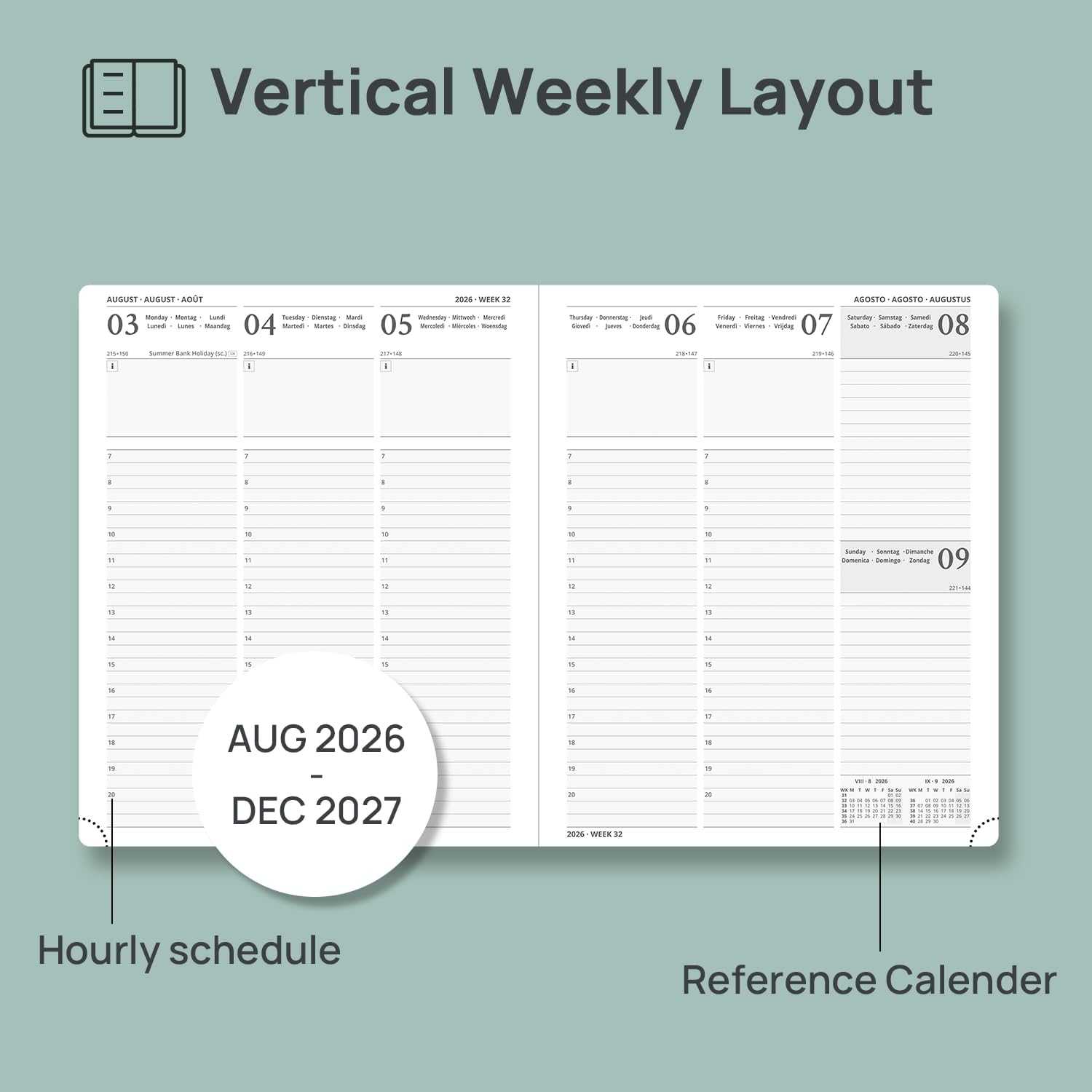 Detalle de POPRUN Academic Diary 2026-2027 Hardback Week to View Large (26.5x21.5 cm) – Pacific Green