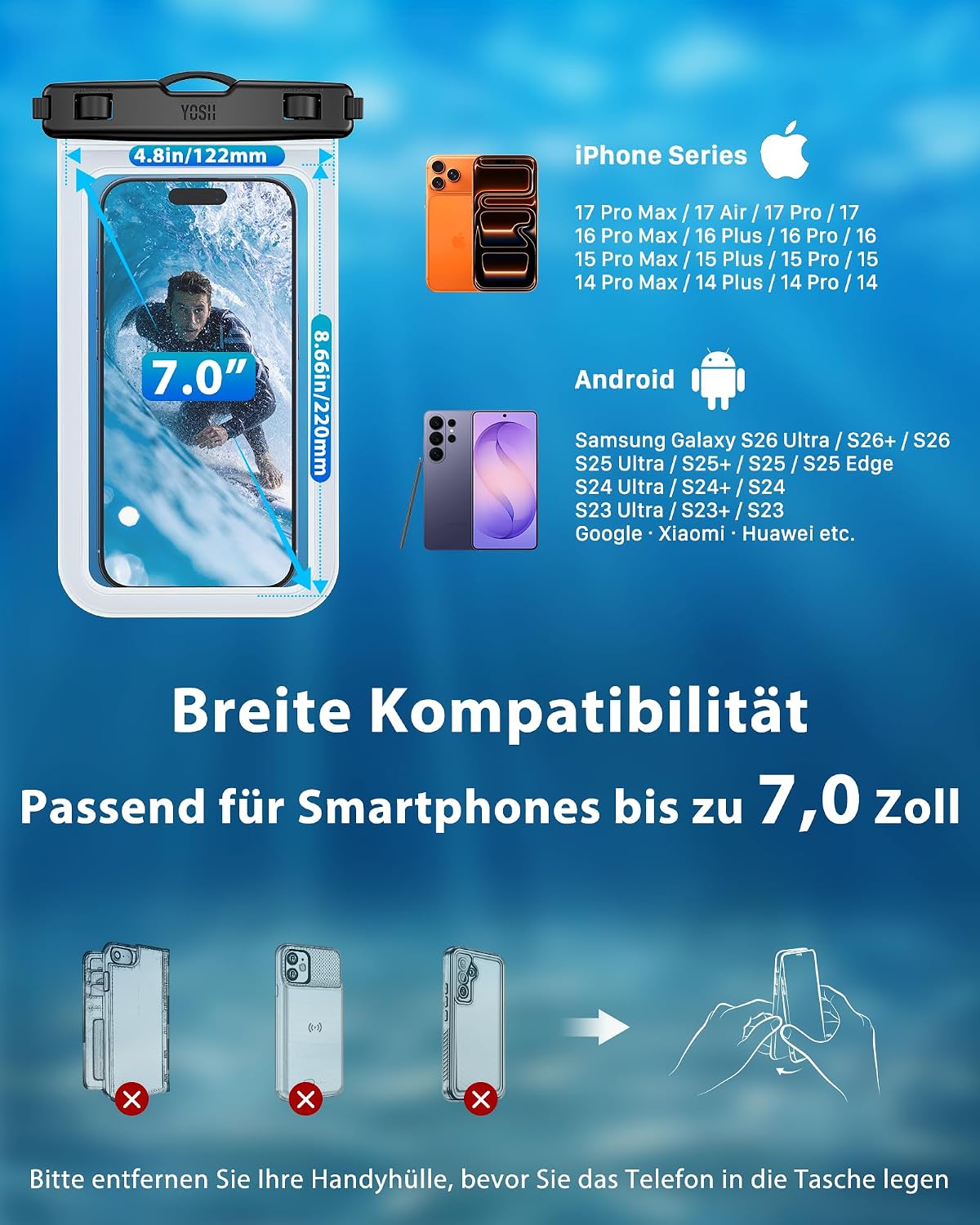 Thumbnail 6 de YOSH wasserdichte Handyhülle 7,0 Zoll – 2 Stück, IPX8 Unterwasserhülle kompatibel mit iPhone 17/16/15 Pro Max, Samsung S24/S23 Ultra, Xiaomi 17/15