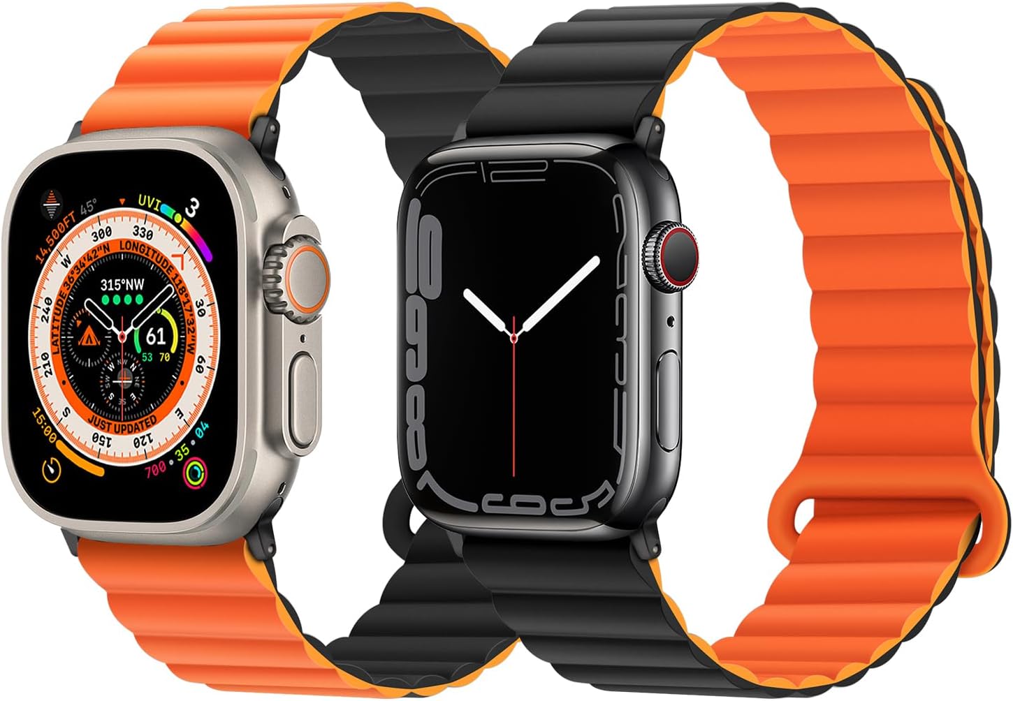 Thumbnail 1 de Anlinser Magnetic Silicone Watch Strap for Apple Watch (44–49mm): Double-Sided, Quick-Adjust, Black/Orange