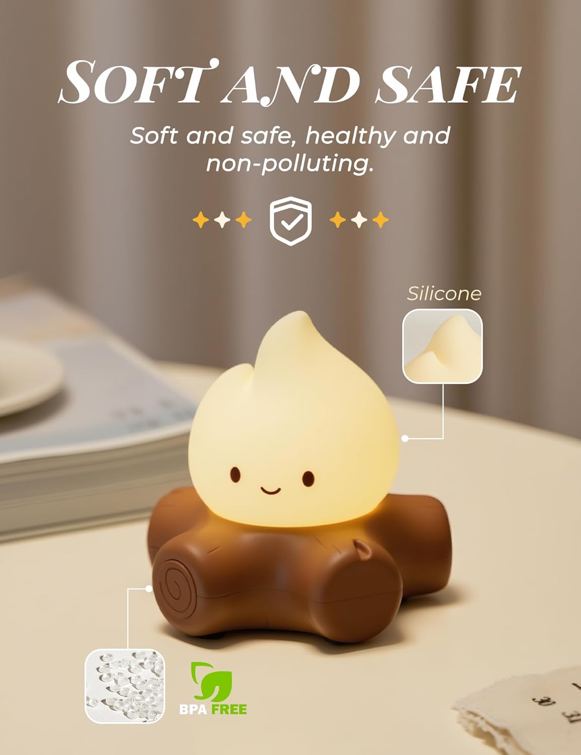 Detalle 1 de IHALO Nachtlicht für Kinderzimmer – USB-Aufladung, dimmbar, Silikon-Lagerfeuer-Design