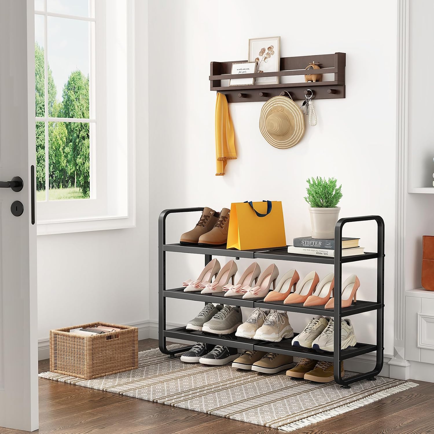 Detalle de SNTD SN-NM-SR-BK-3T-HXJ Expandable Metal Shoe Rack, 3-Tier, Black Mesh