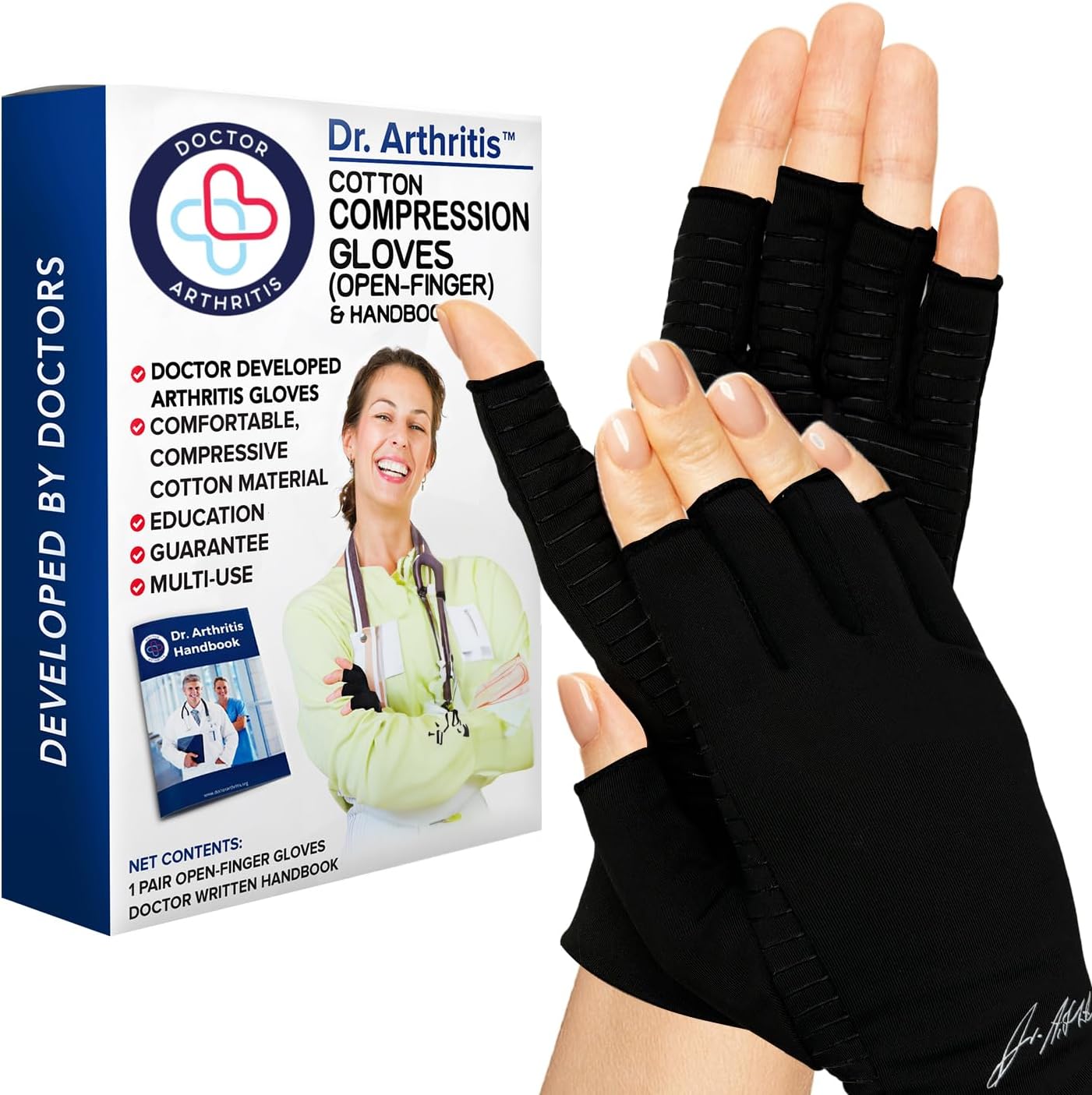 Detalle de Dr. Arthritis full length arthritis gloves with copper compression fabric and doctor-written handbook