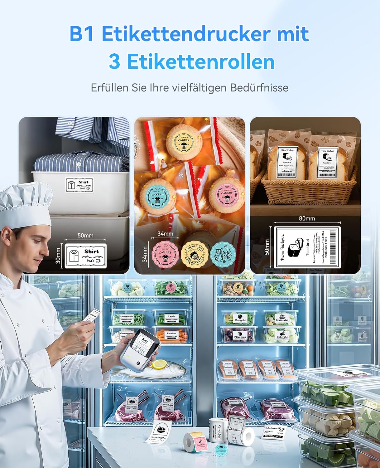 Detalle de NIIMBOT B1 Etikettendrucker mit Bluetooth und 3 Rollen wasserfesten Etiketten (silber)