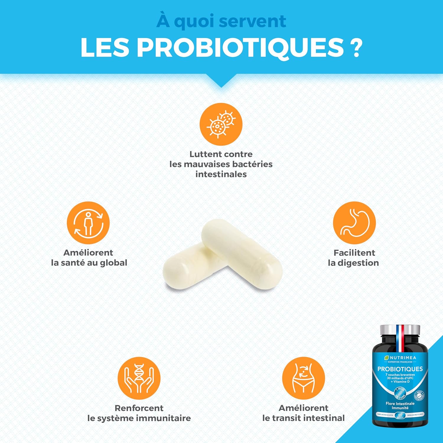 Thumbnail 1 de PROBIOTIQUE Flore Intestinale Probiotique FLORE INTESTINALE Complexe Ferments Lactiques + Vitamine D (7 souches) – 60 gélules vegan, fabriqué en France